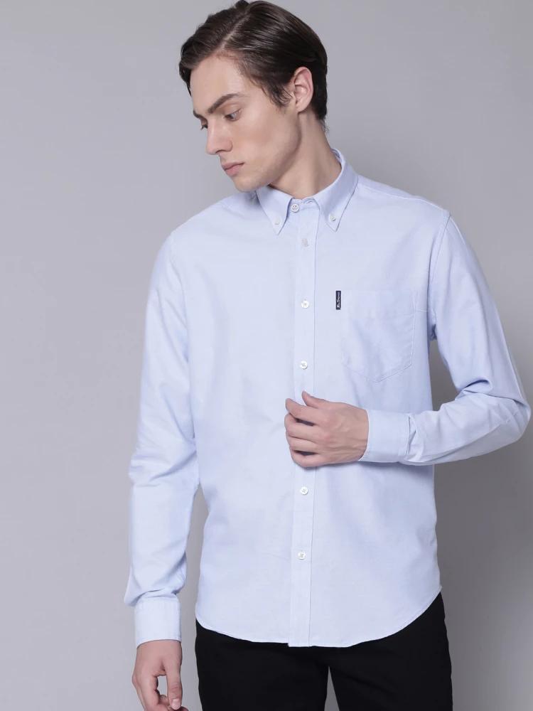 blue solid button down shirt