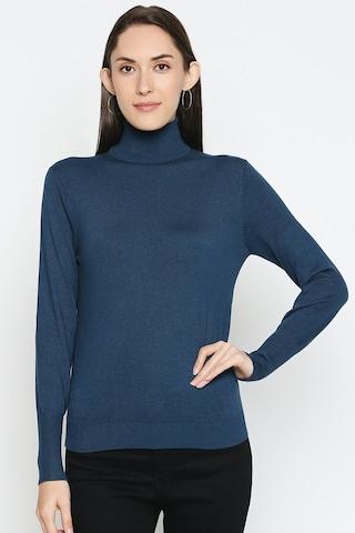 blue solid casual full sleeves turtle neck women regular fit sweater