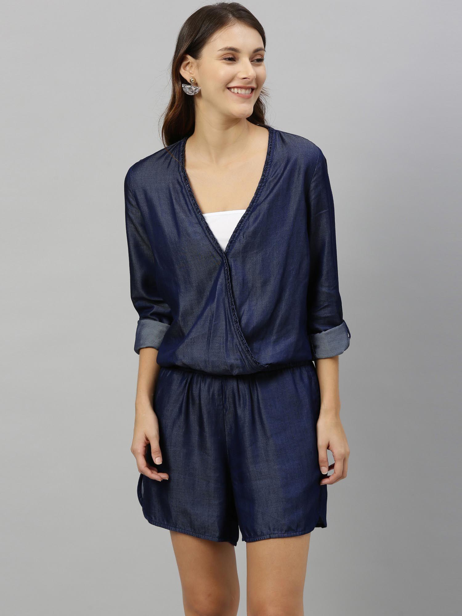 blue solid casual playsuits