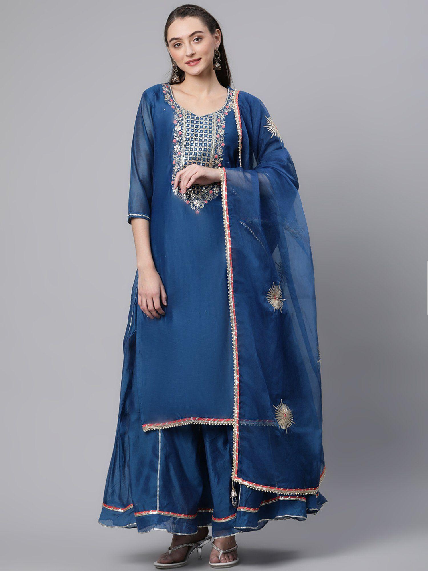 blue solid chanderi kurta skirt with dupatta (set of 3)