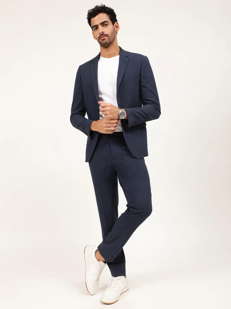 blue solid collar suit set