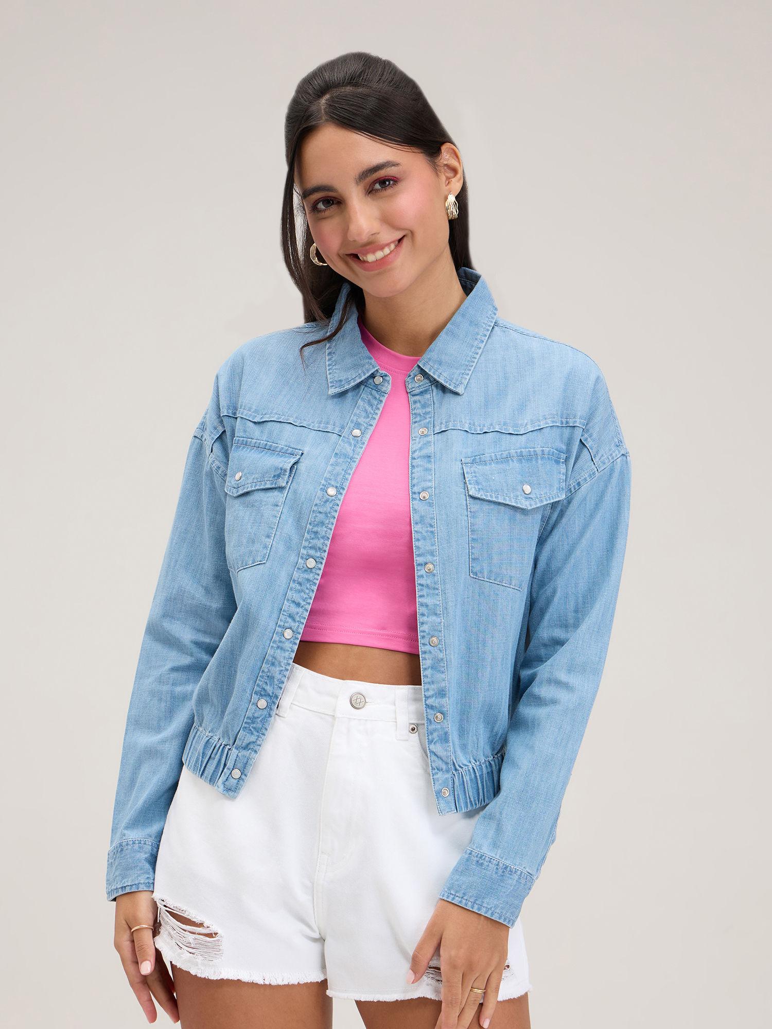 blue solid collared crop denim jacket