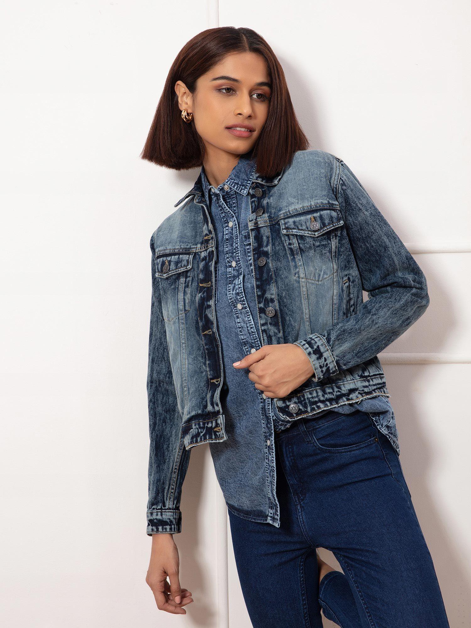 blue solid collared denim jacket