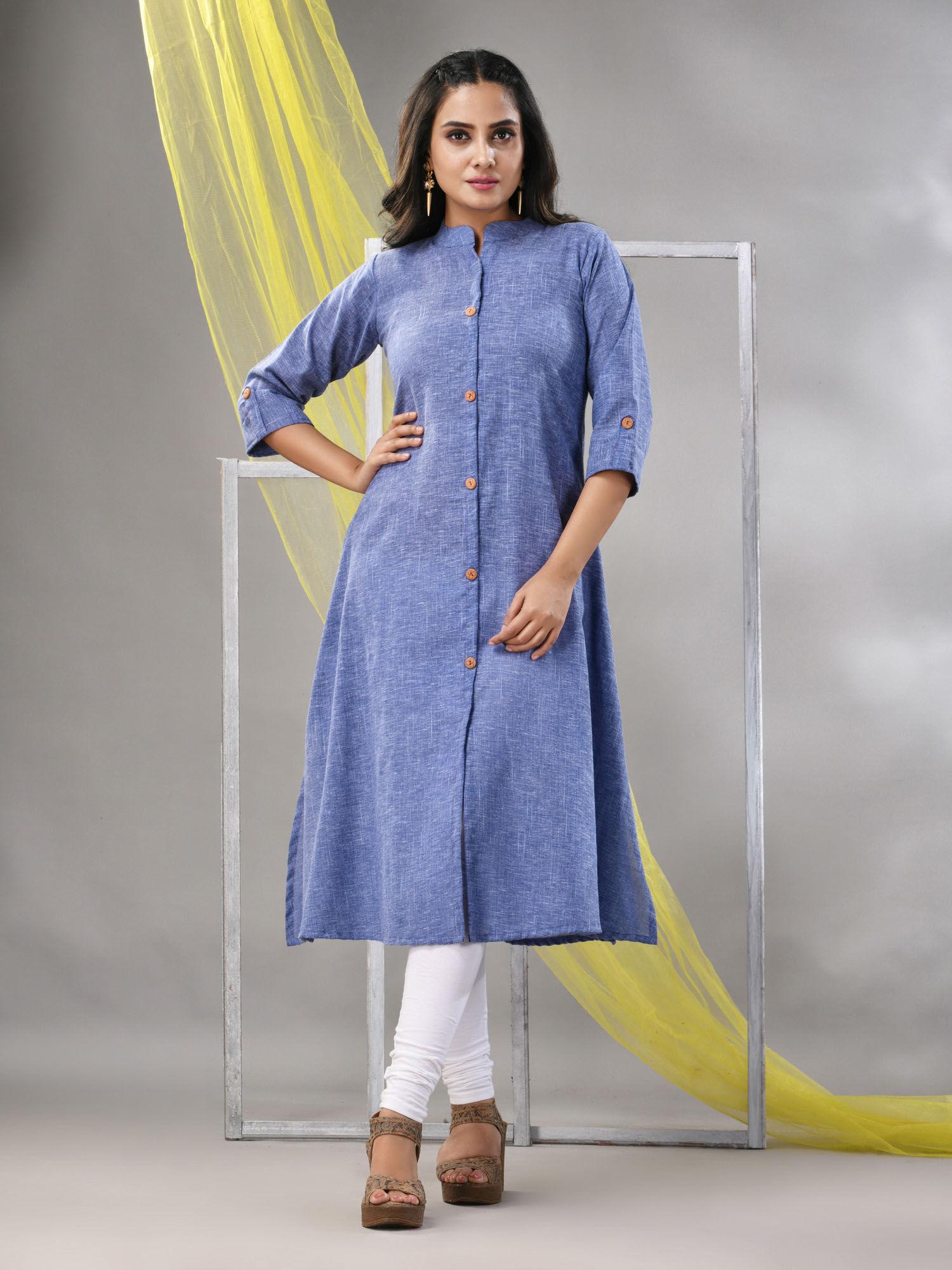 blue solid cotton a-line kurta