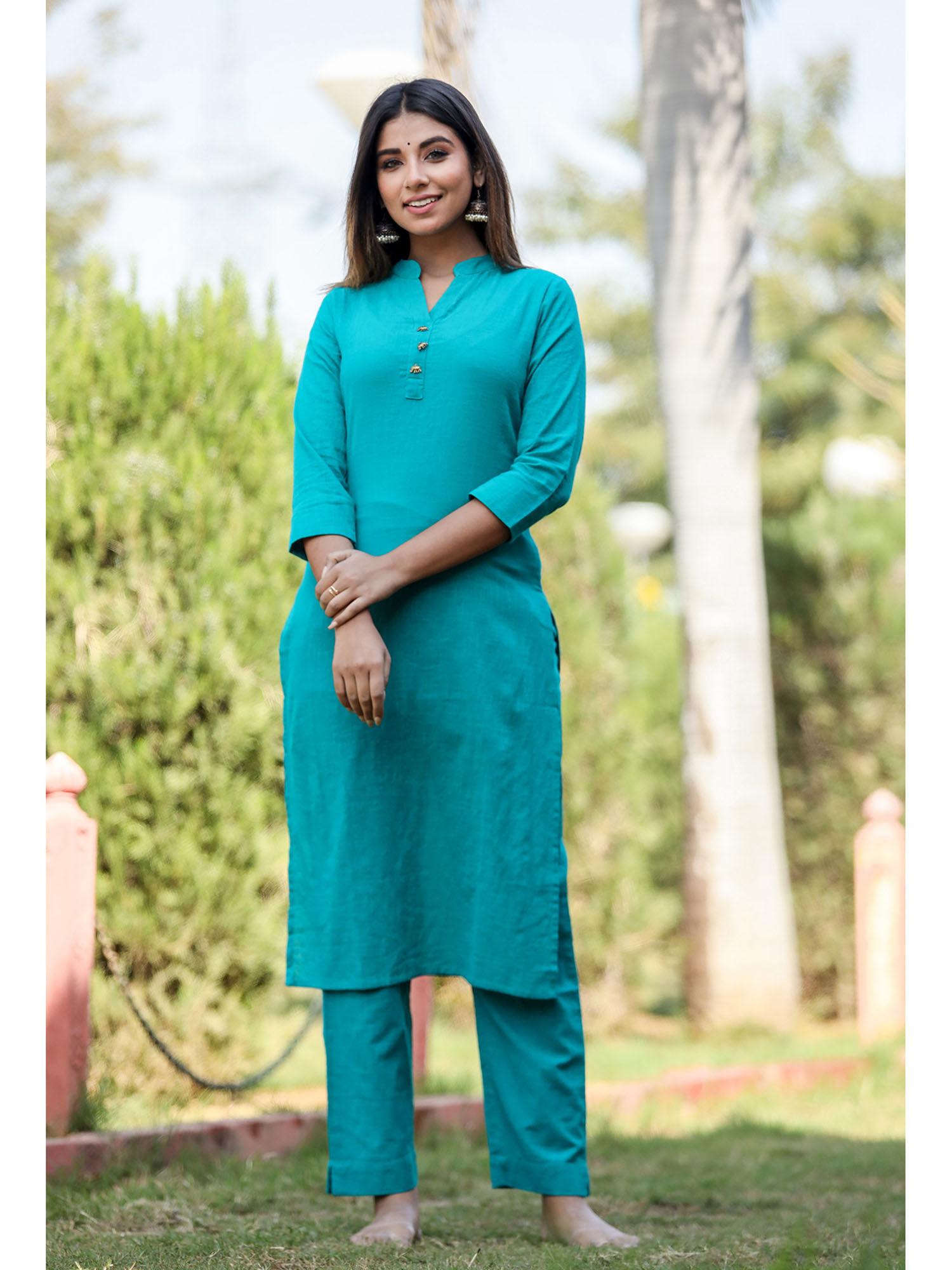 blue solid cotton casual kurta