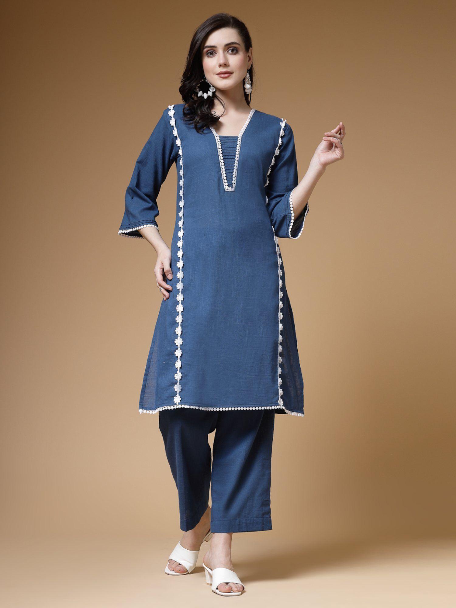 blue solid cotton lace work kurta with pants (set of 2)