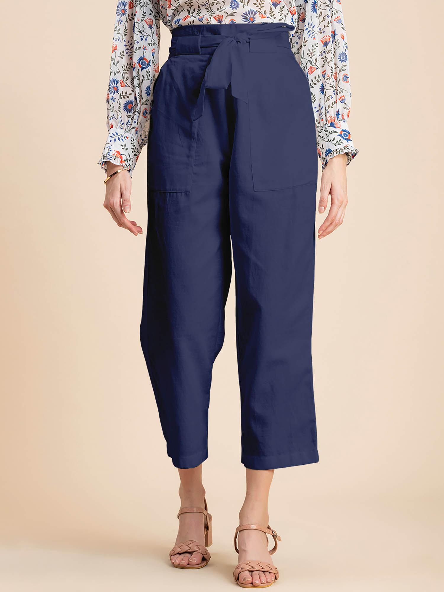 blue solid cotton trouser