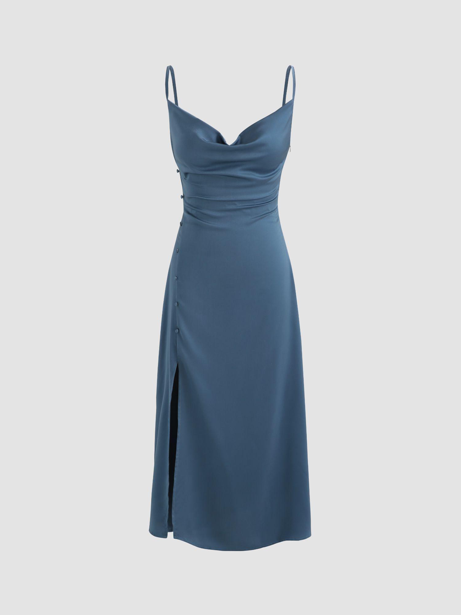 blue solid cowl neck slit midi dress