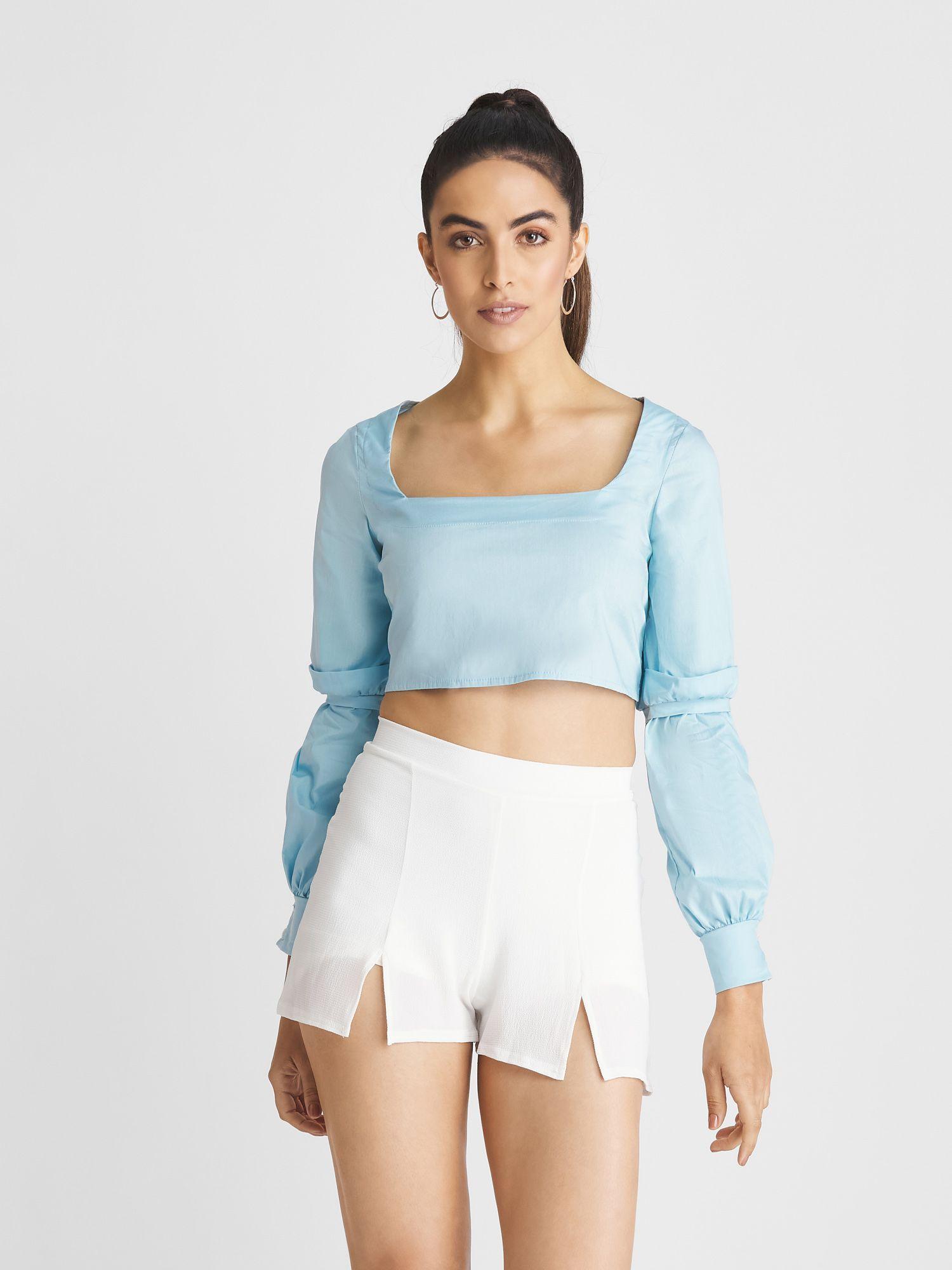 blue solid crop top