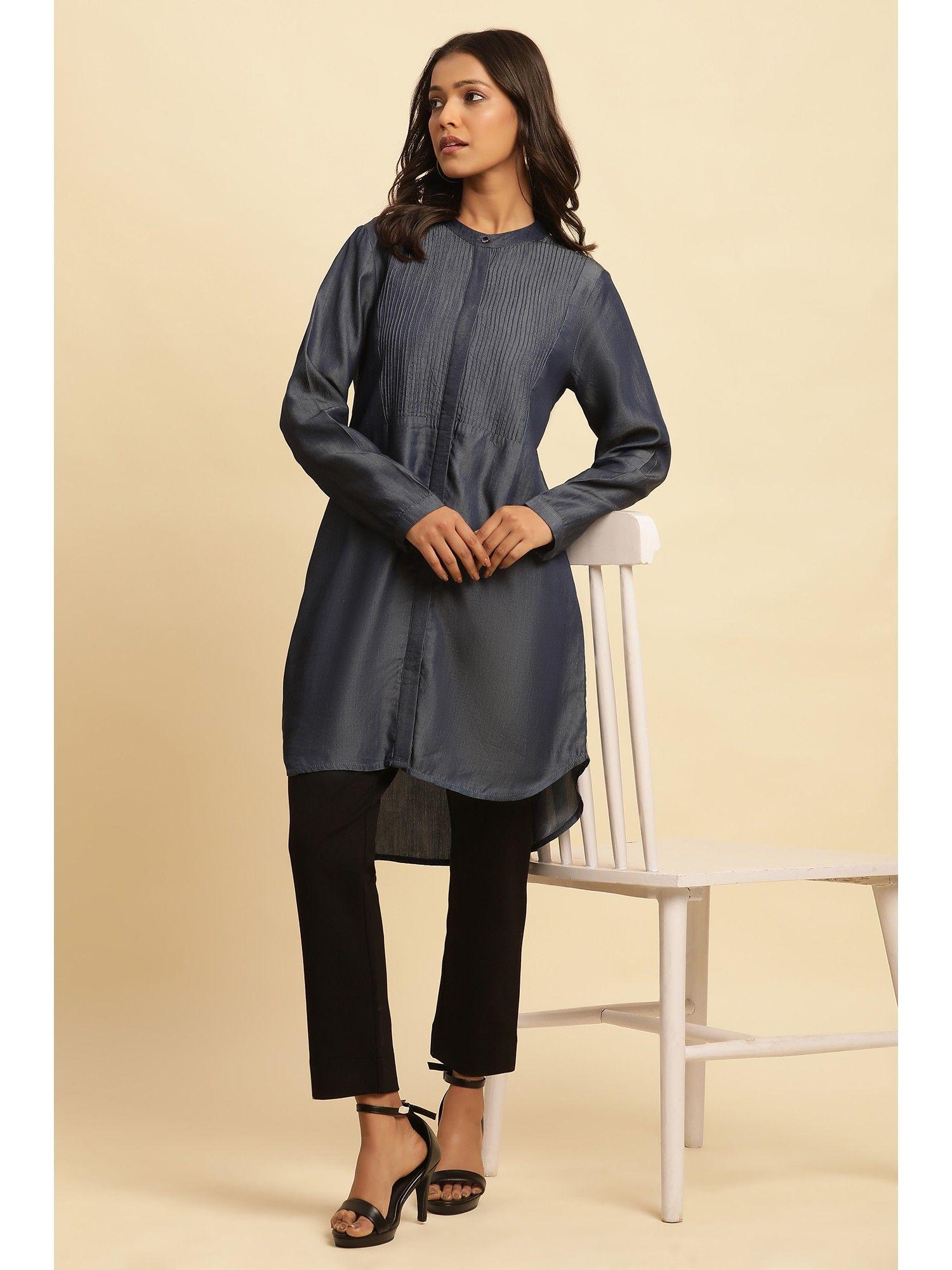 blue solid denim tunic for women