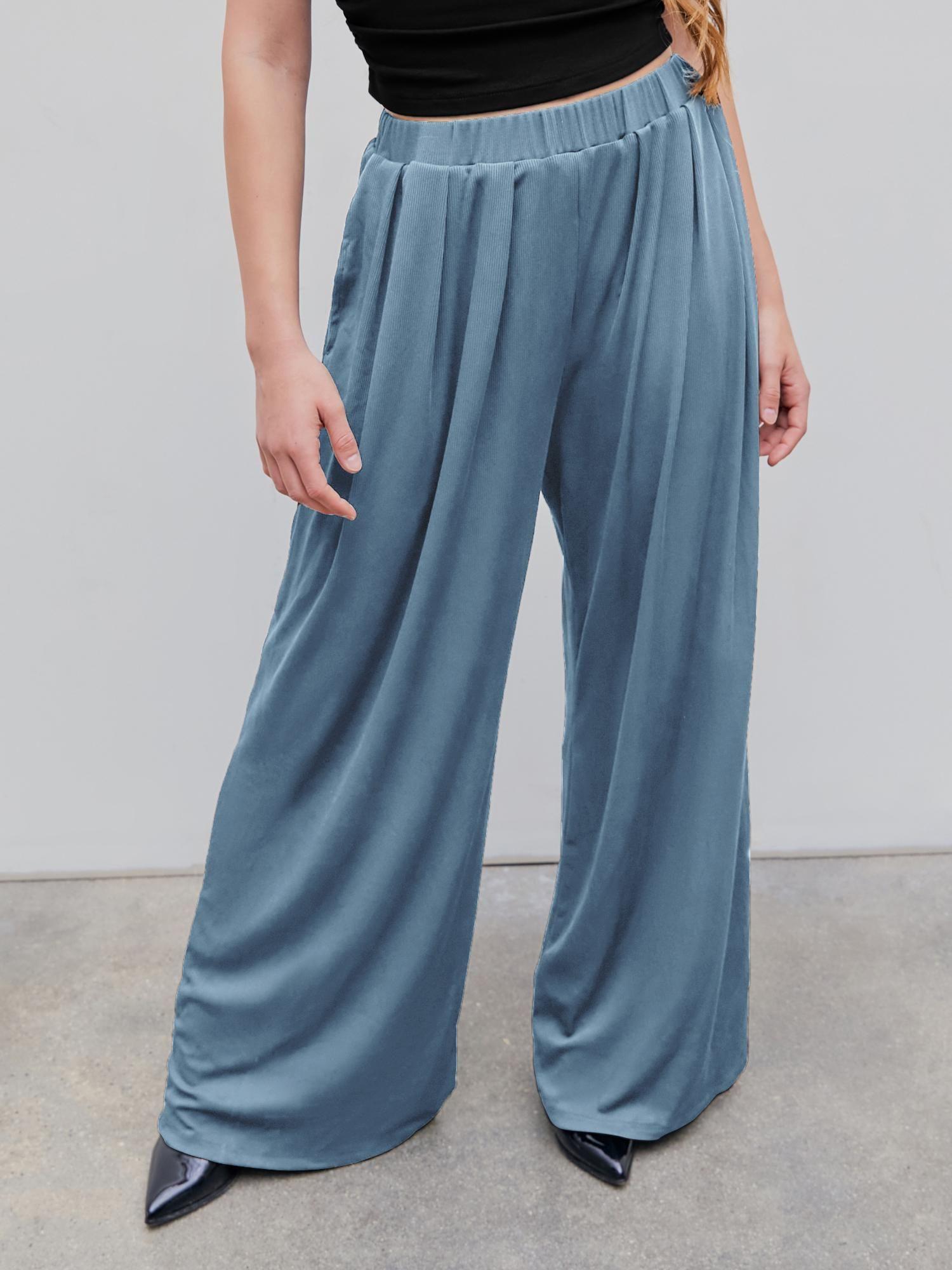 blue solid elastic waist wide leg pant