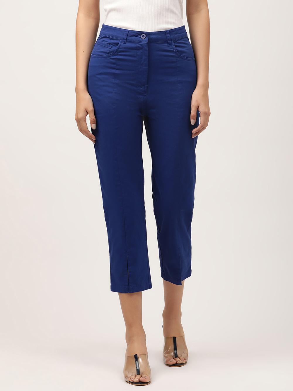 blue solid fitted trouser