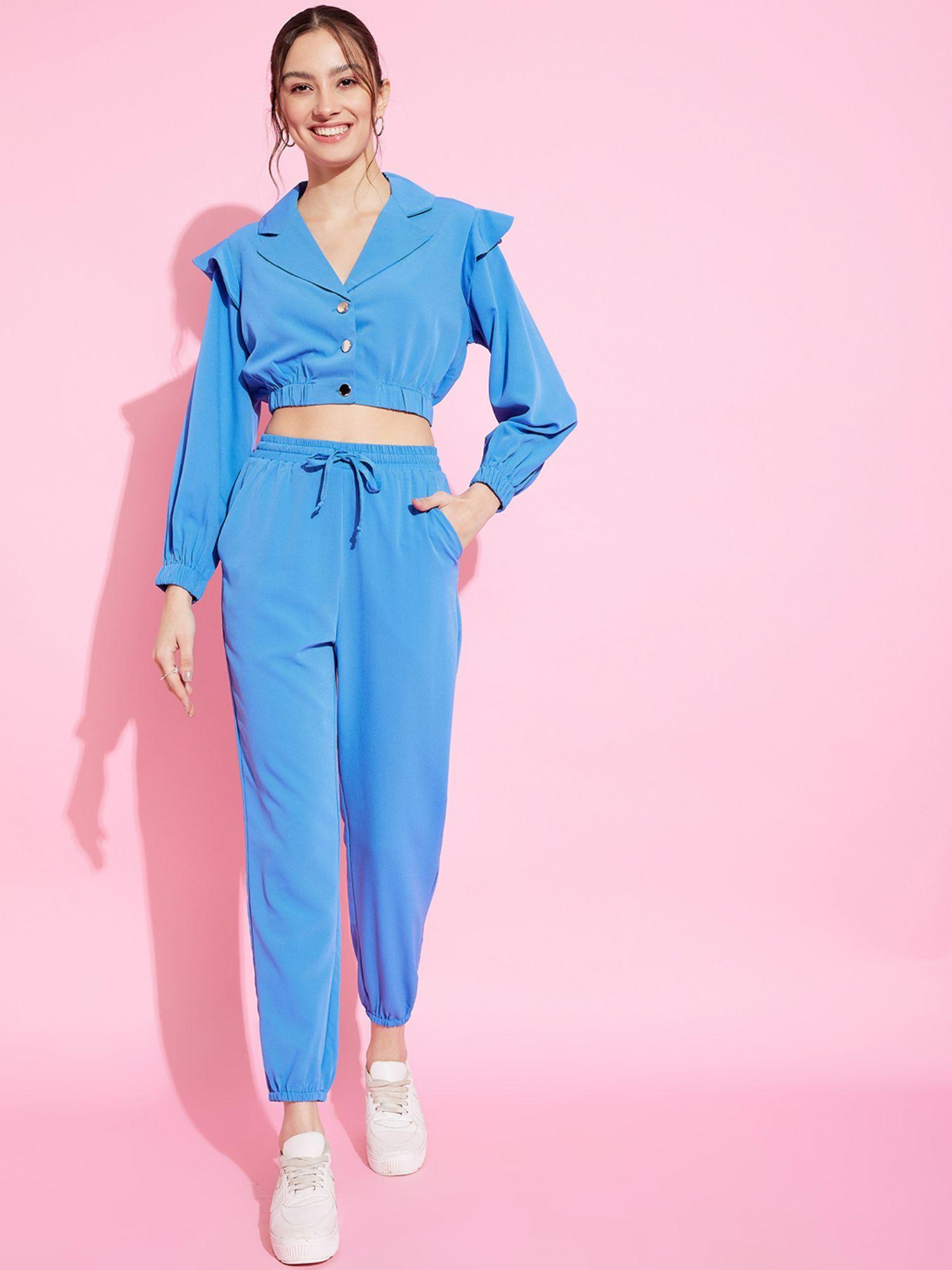 blue solid front open blazer co-ord (set of 2)