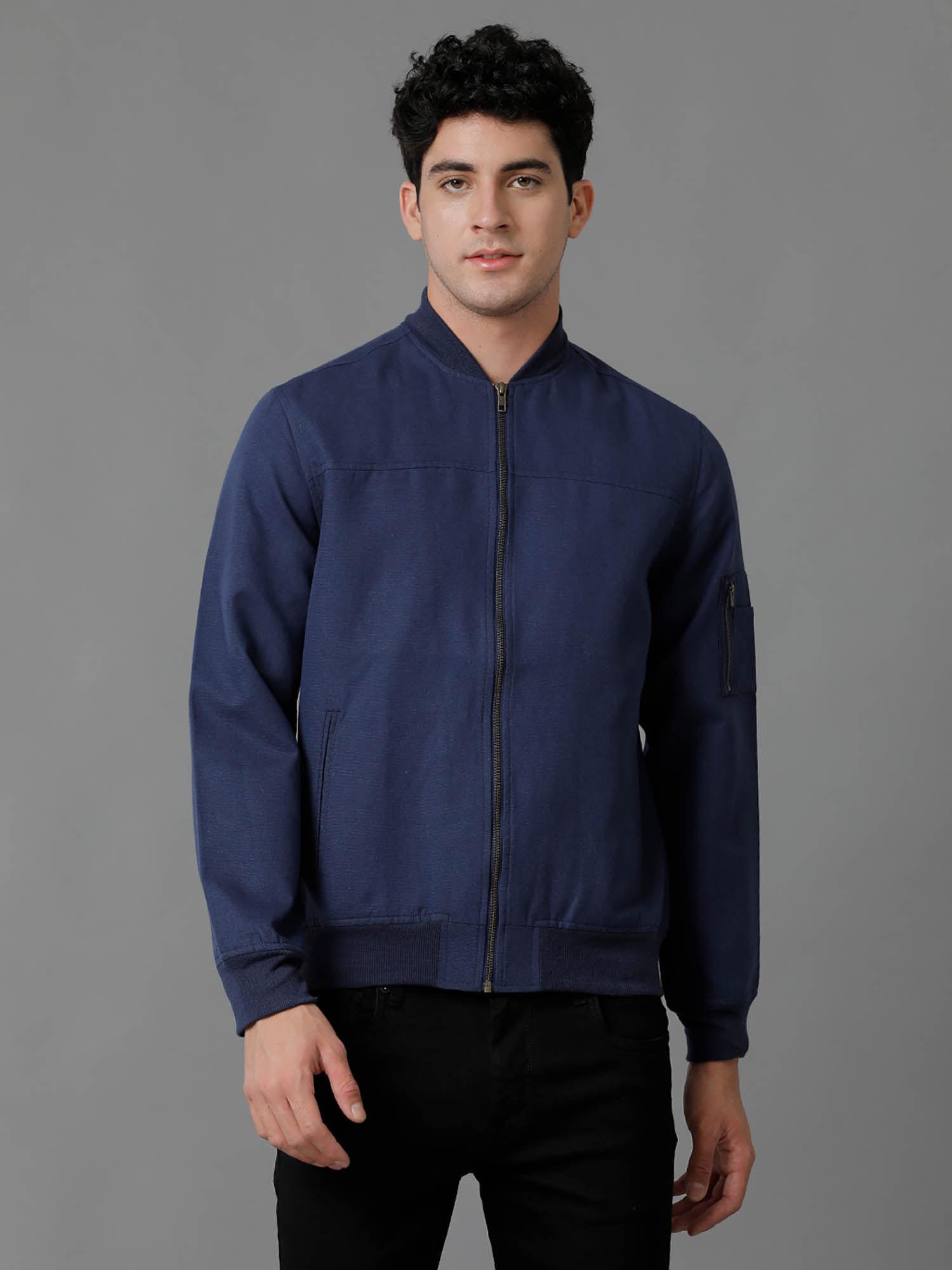 blue solid full sleeve all season linen jacket for men