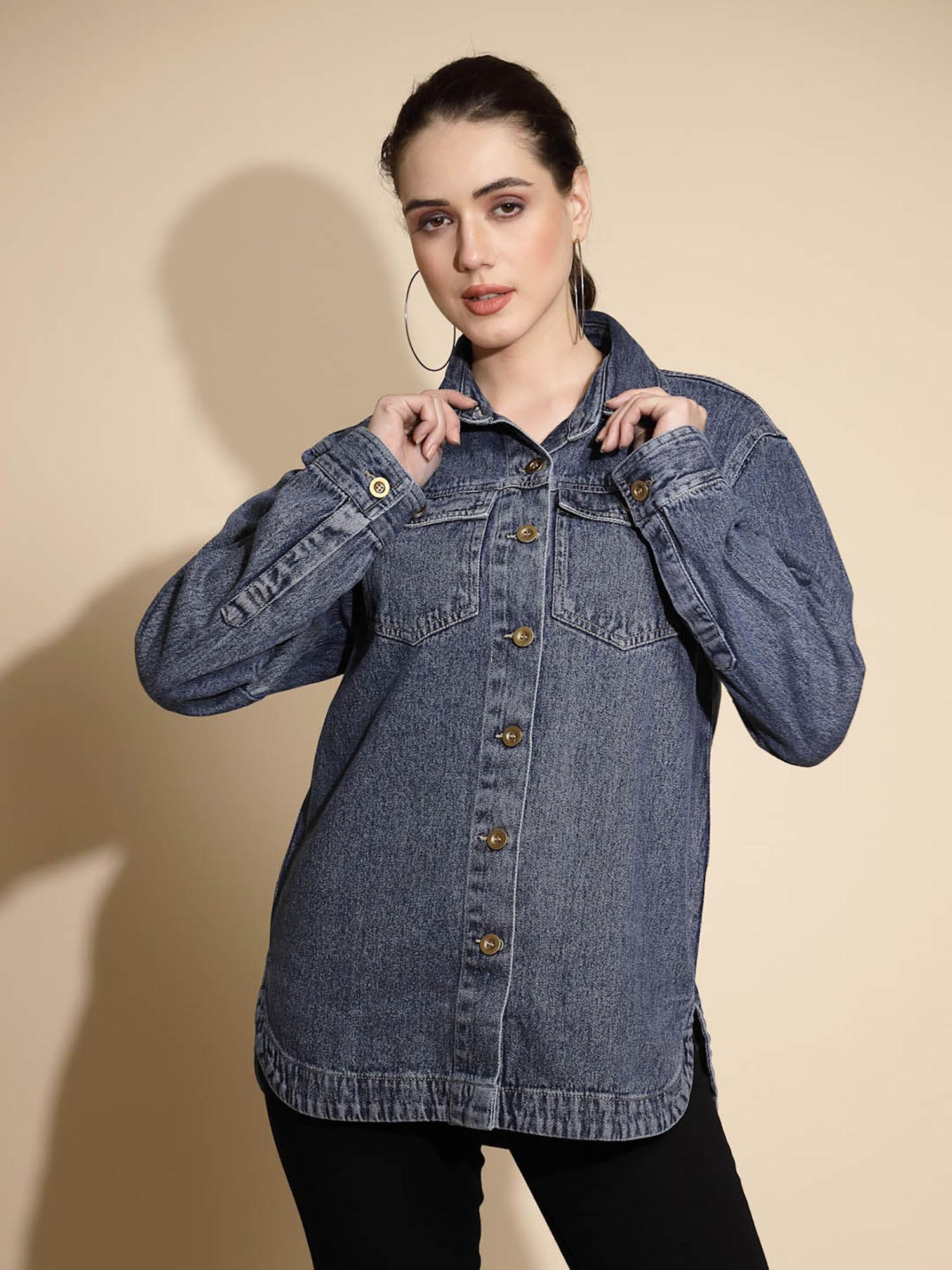 blue solid full sleeve denim jacket