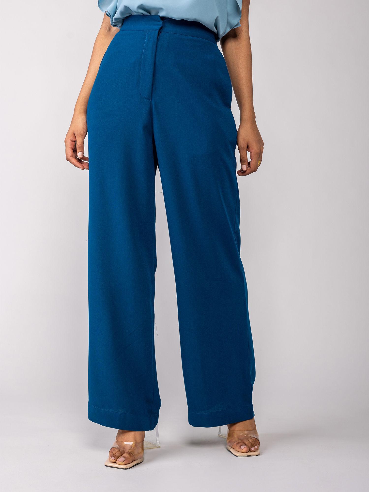 blue solid high waist flared pants