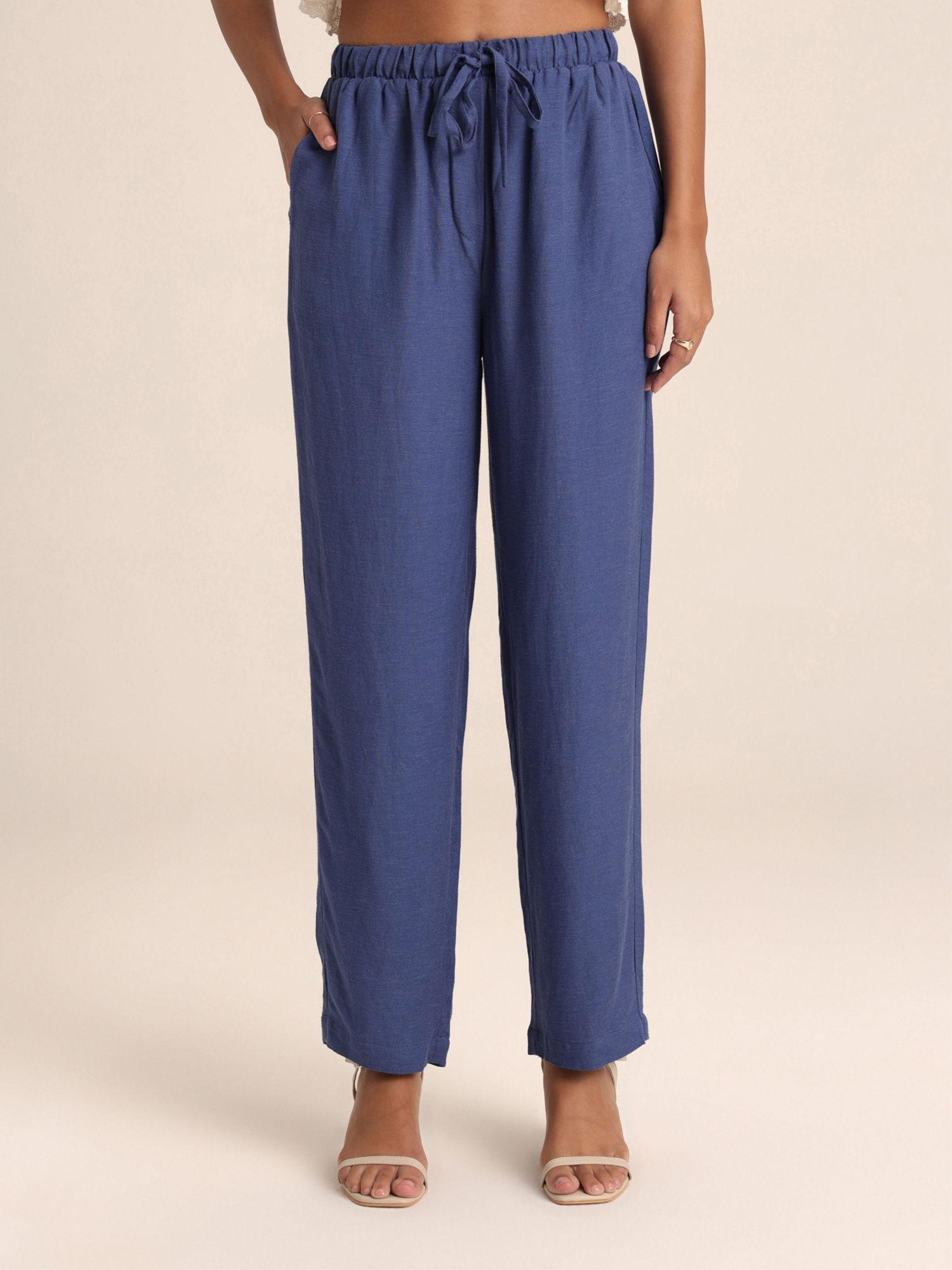 blue solid high waist relaxed trousers