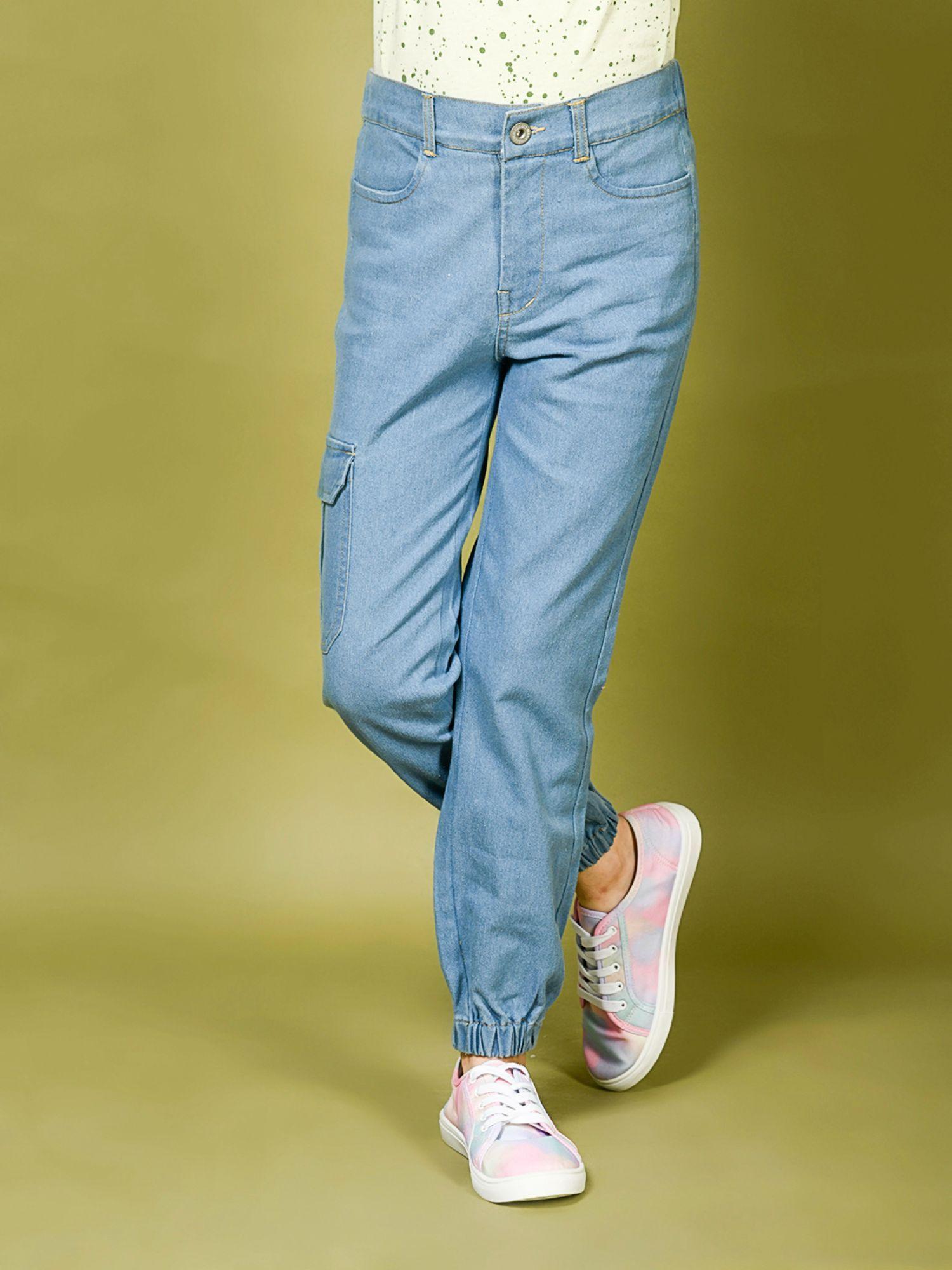 blue solid joggers style denim jeans pant