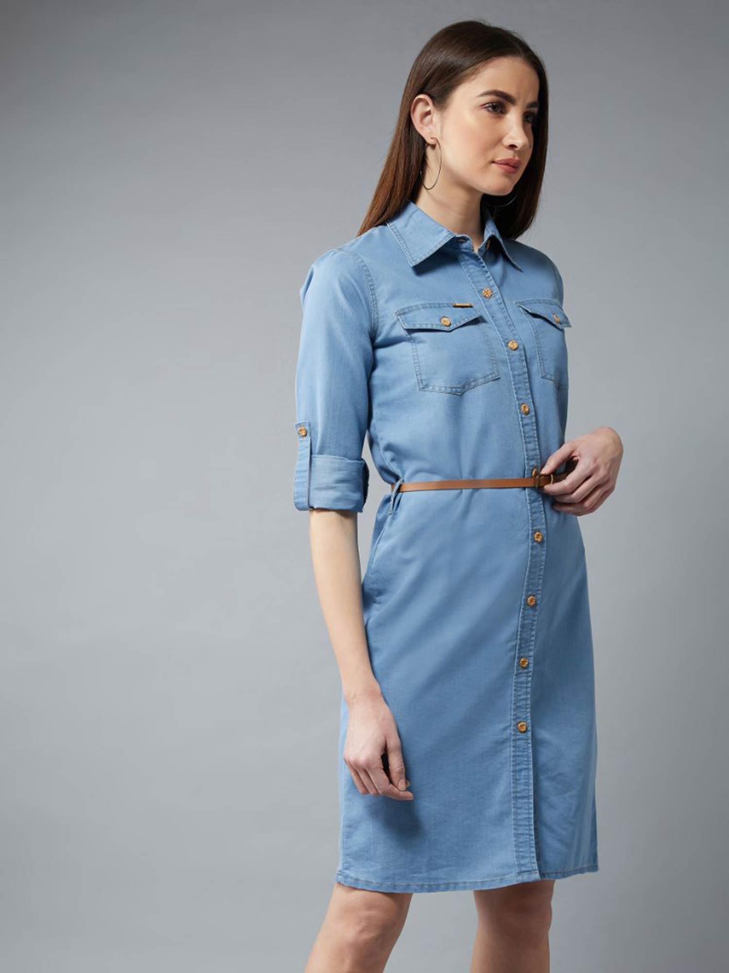 blue solid knee length dress