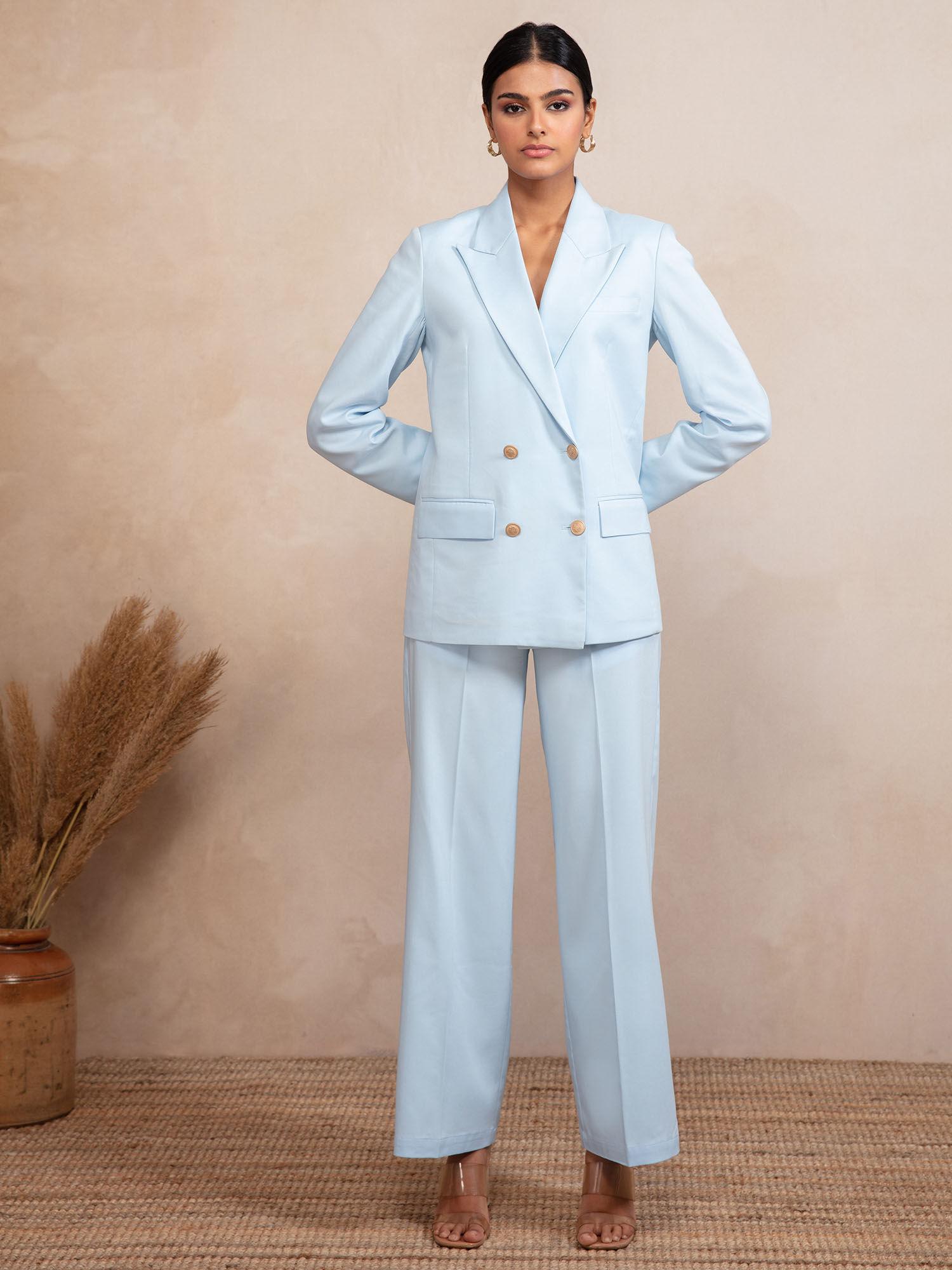 blue solid lapel collared blazer and pants co-ord (set of 2)