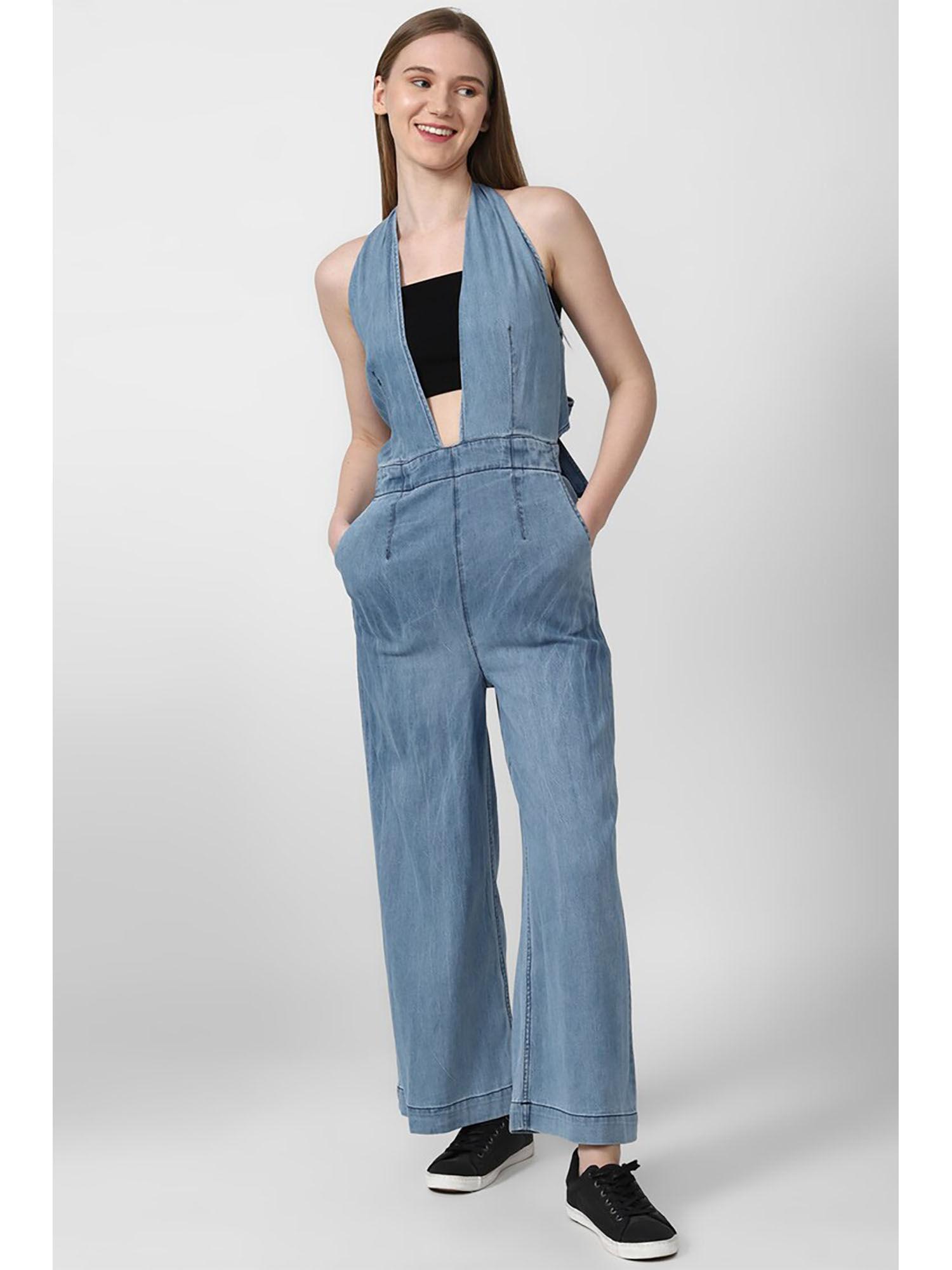 blue solid long-jumpsuits