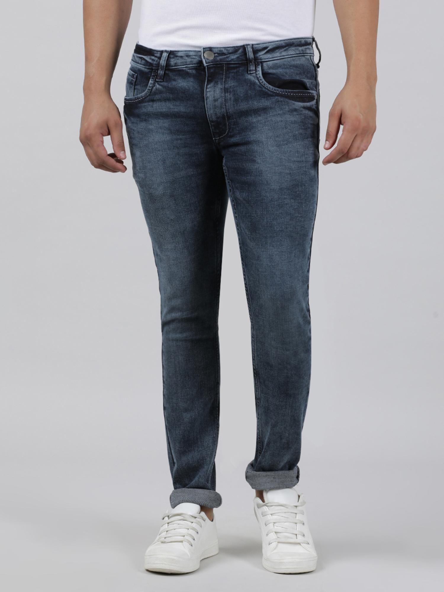 blue solid mid rise slim tapered jeans