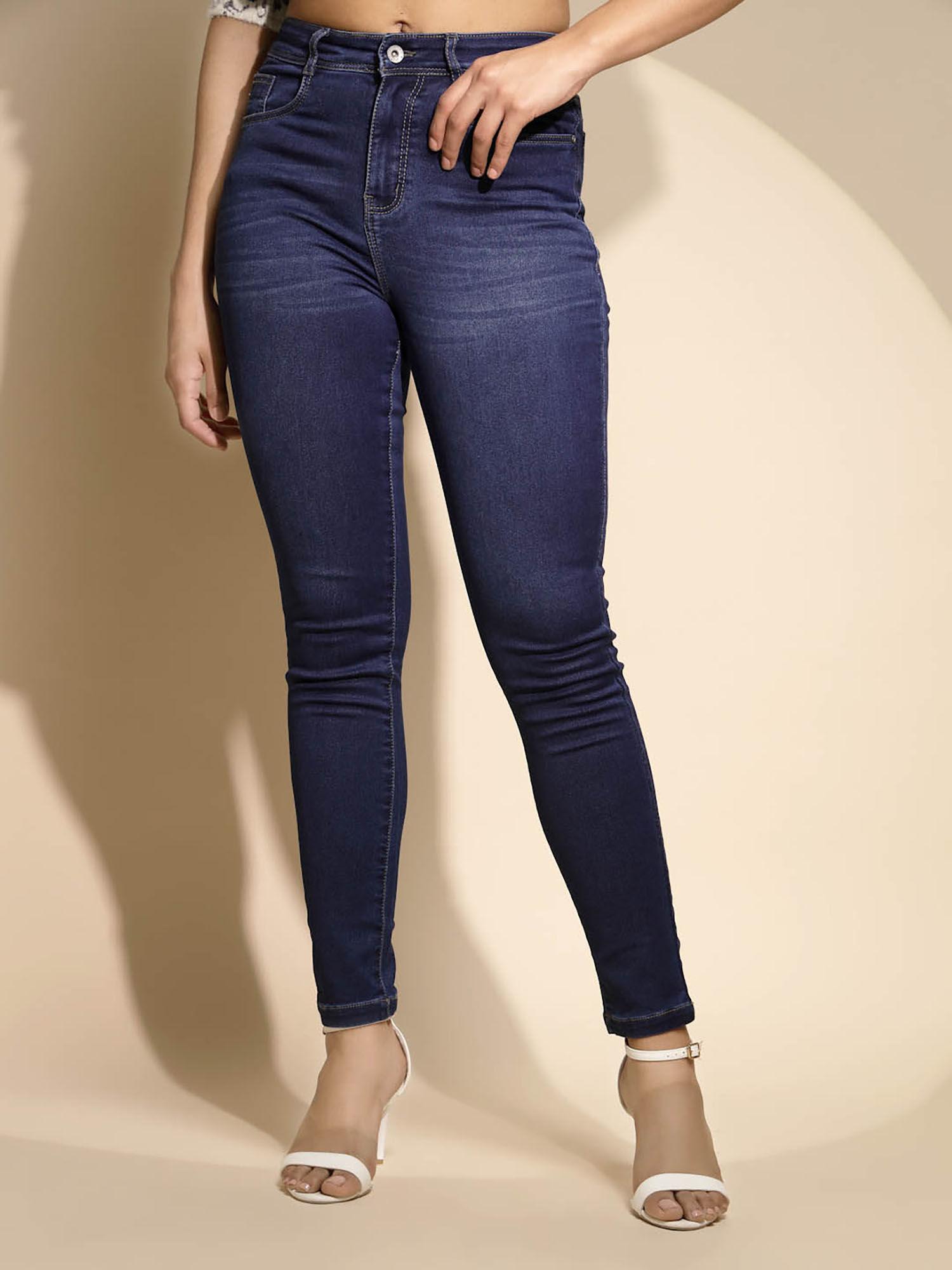 blue solid mid waist cotton blend jeans