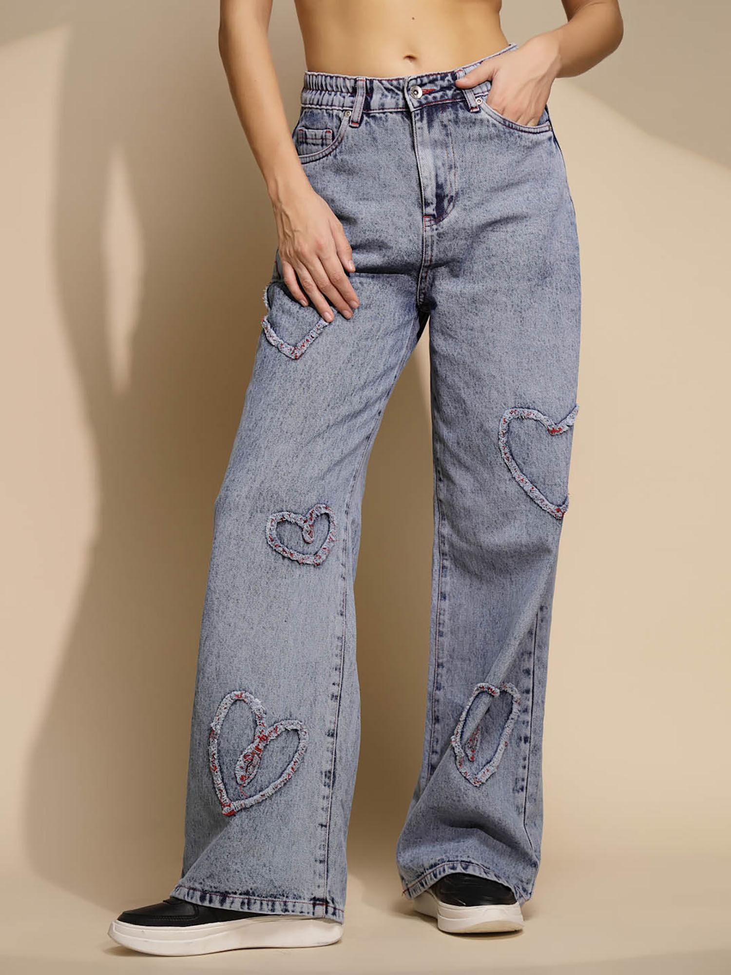 blue solid mid waist denim jeans