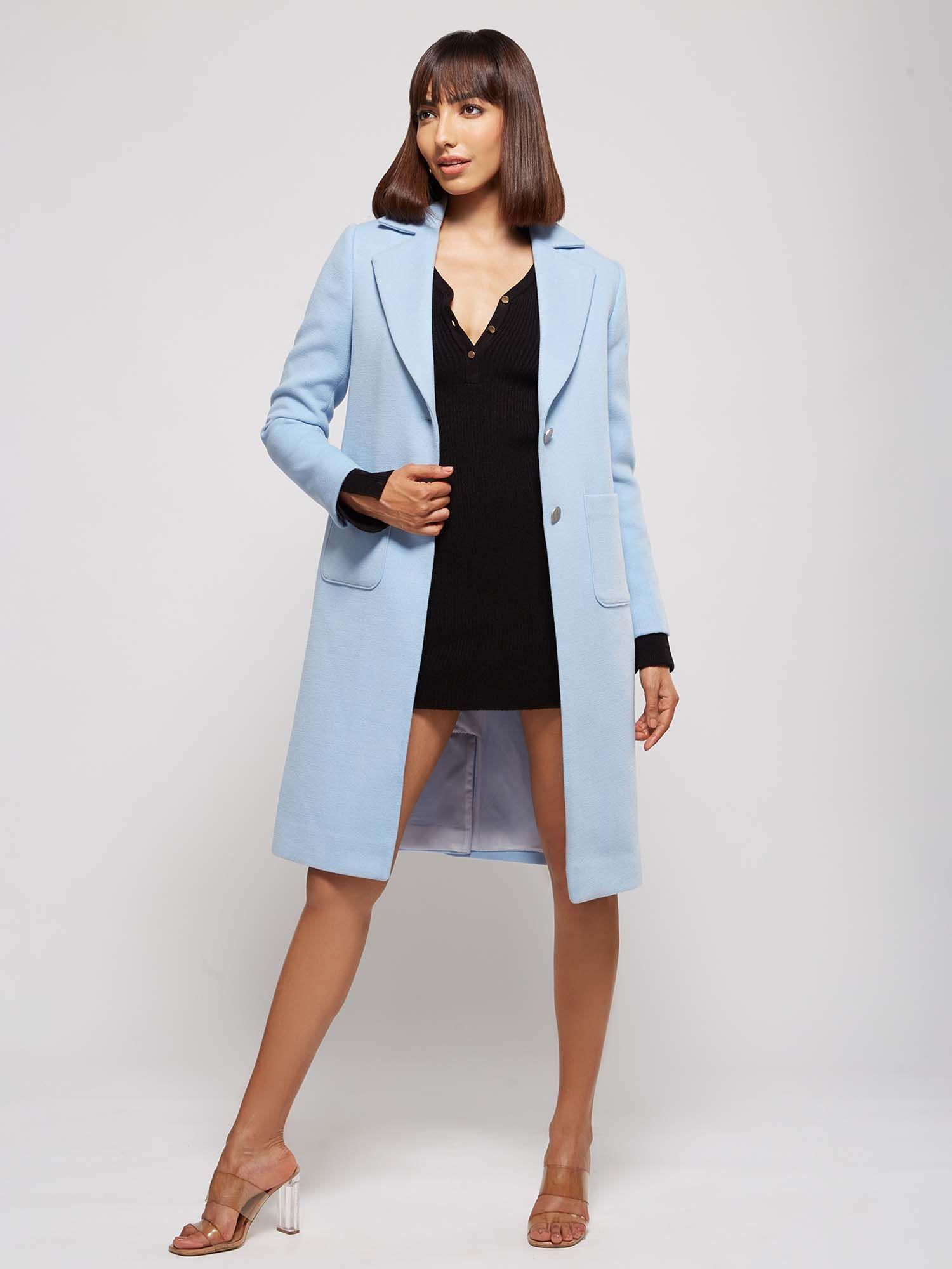 blue solid notched lapel coat