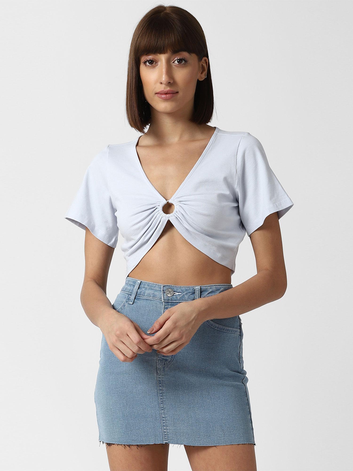 blue solid o-ring crop top