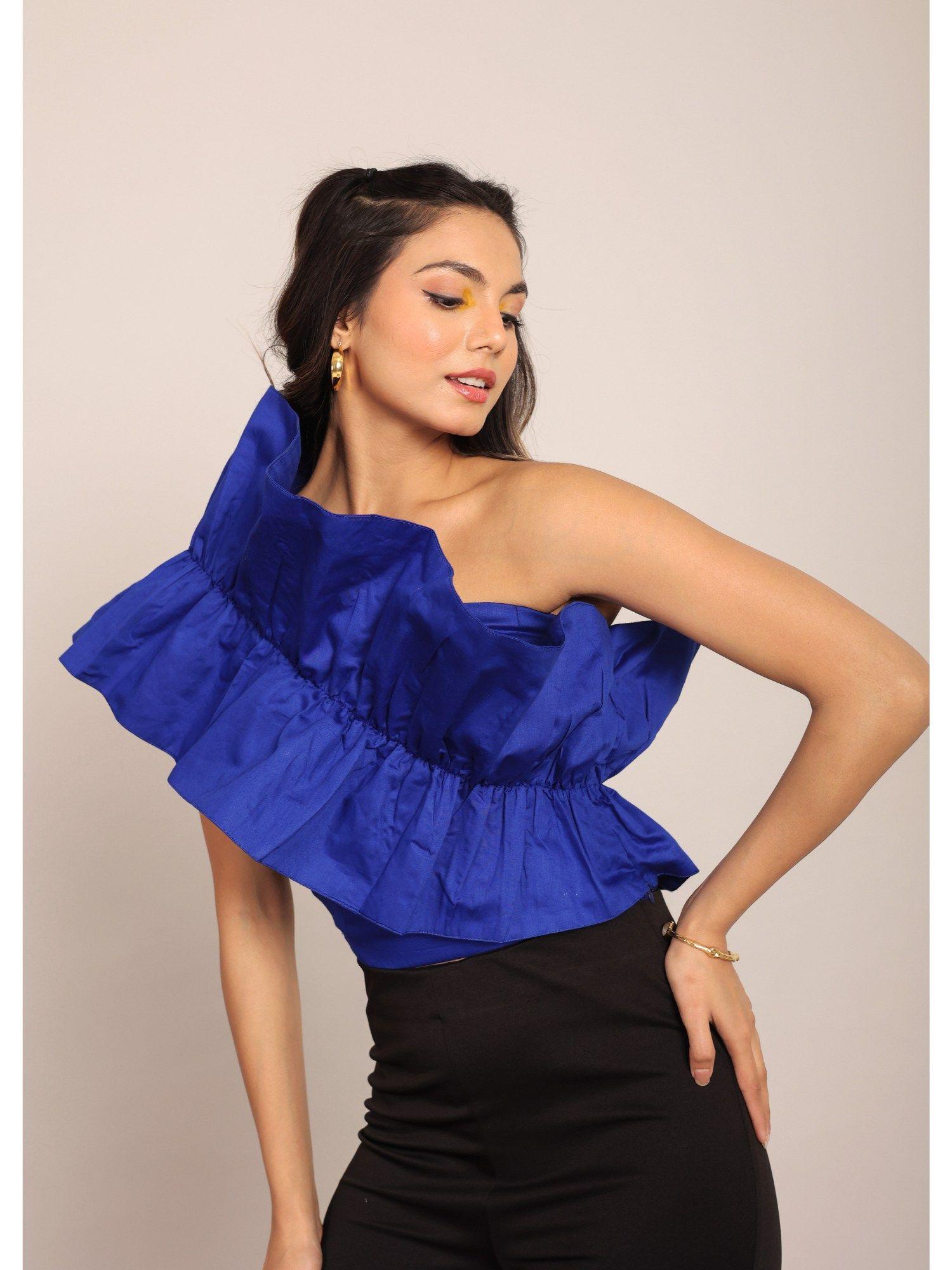 blue solid one sholder off crop top