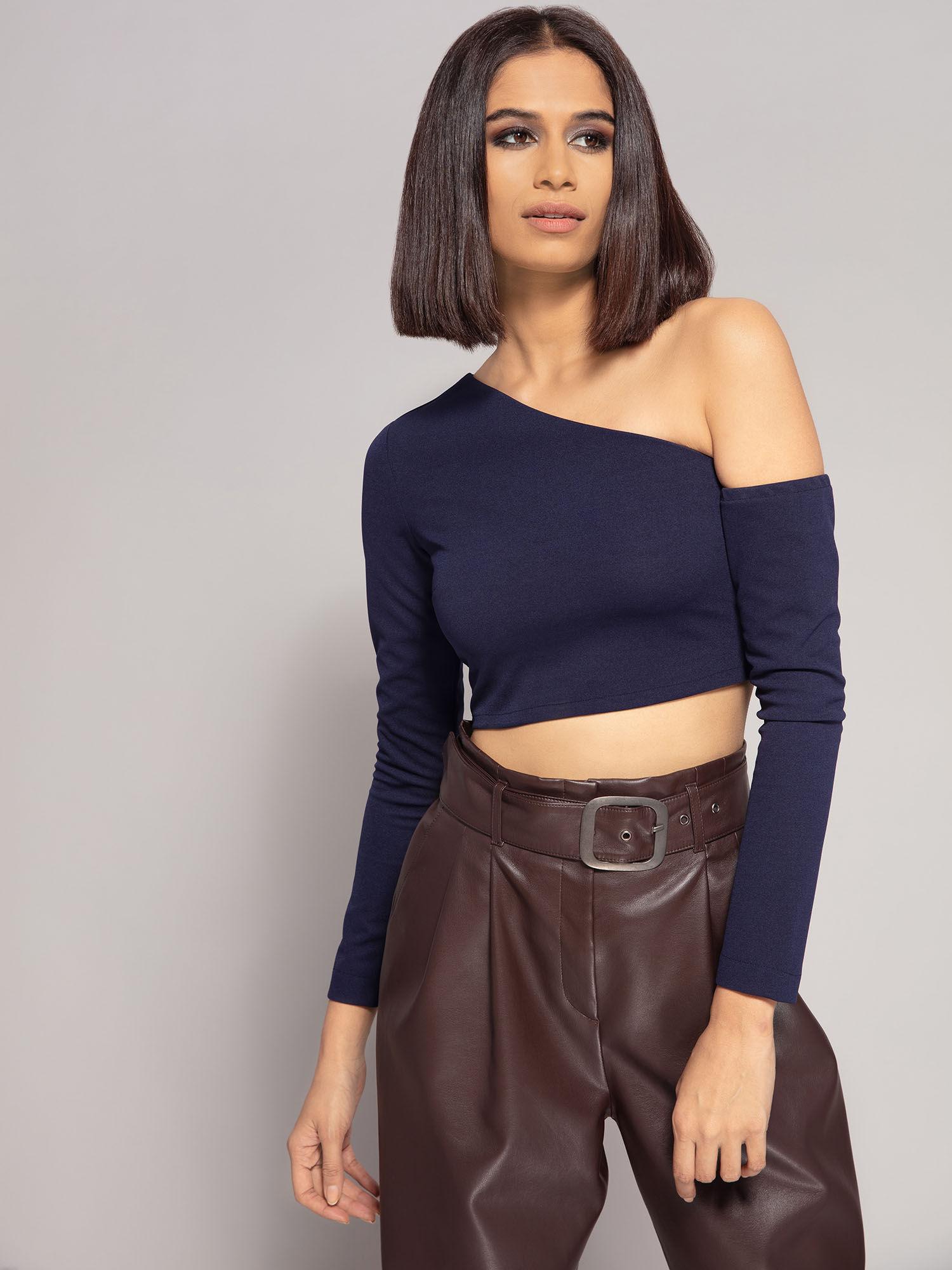 blue solid one shoulder crop top