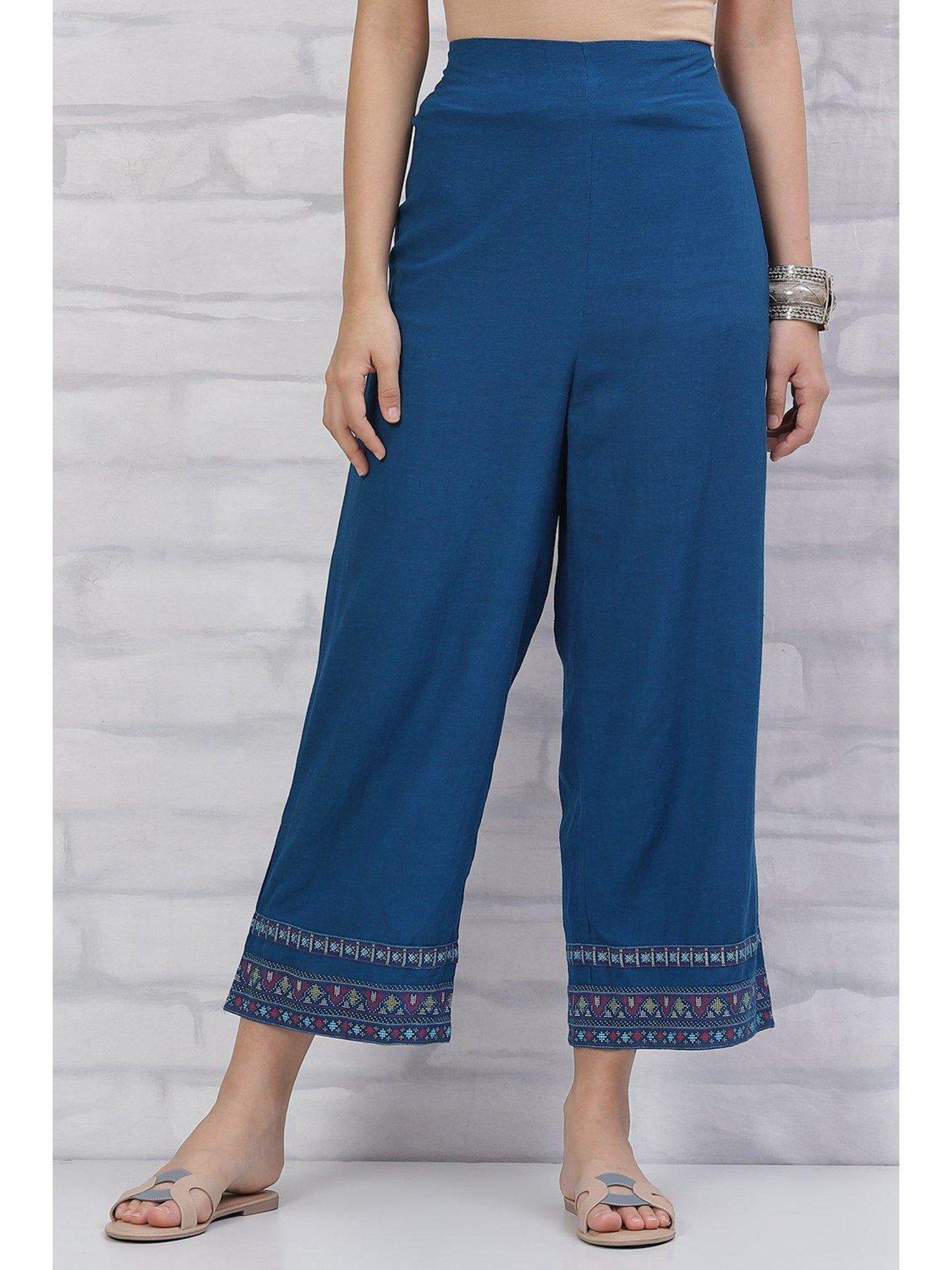 blue solid palazzos