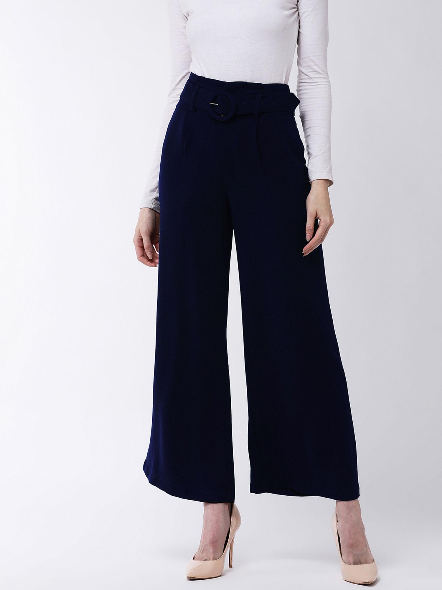 blue solid pant with belt