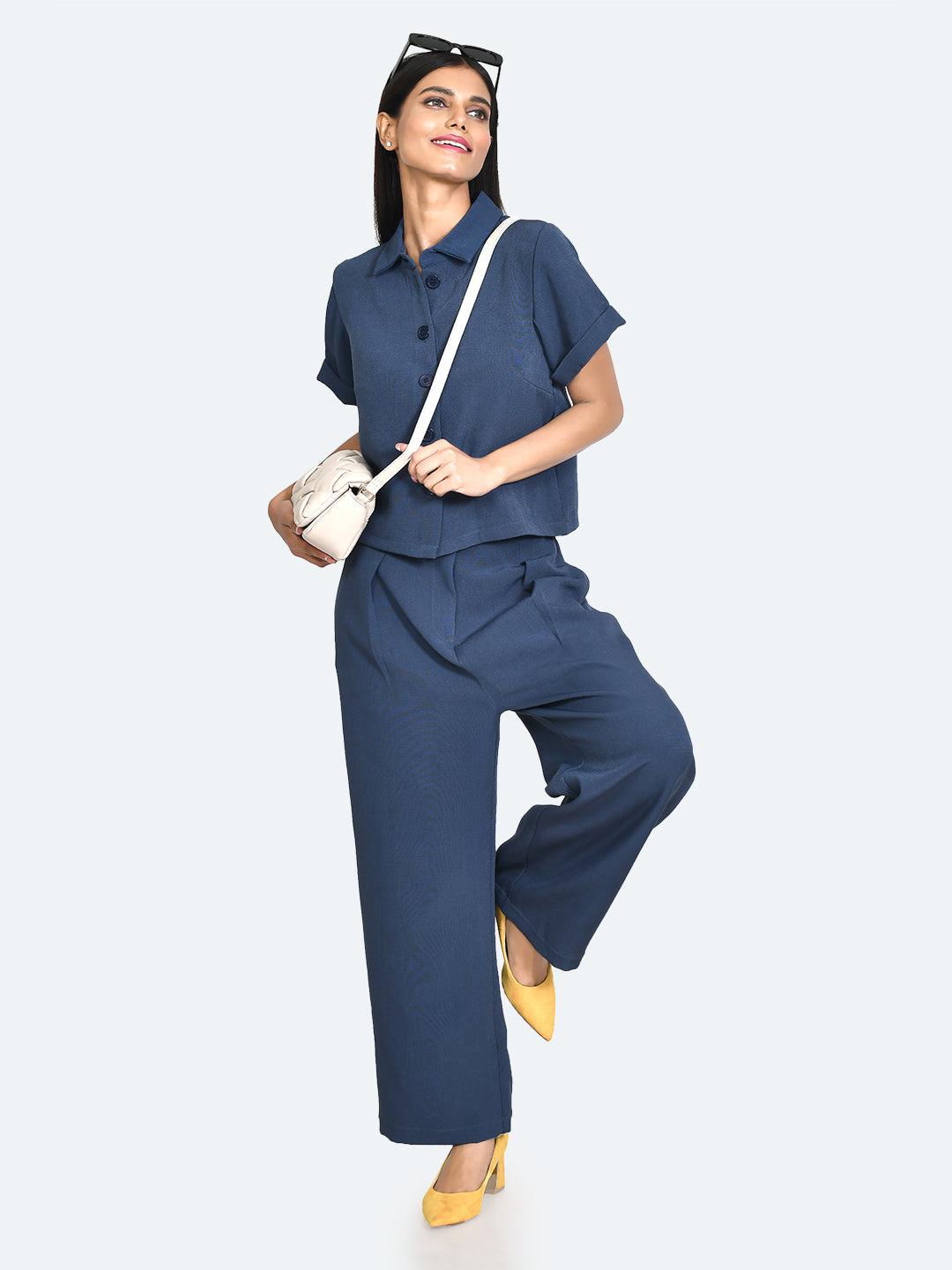 blue solid pleated trousers for women