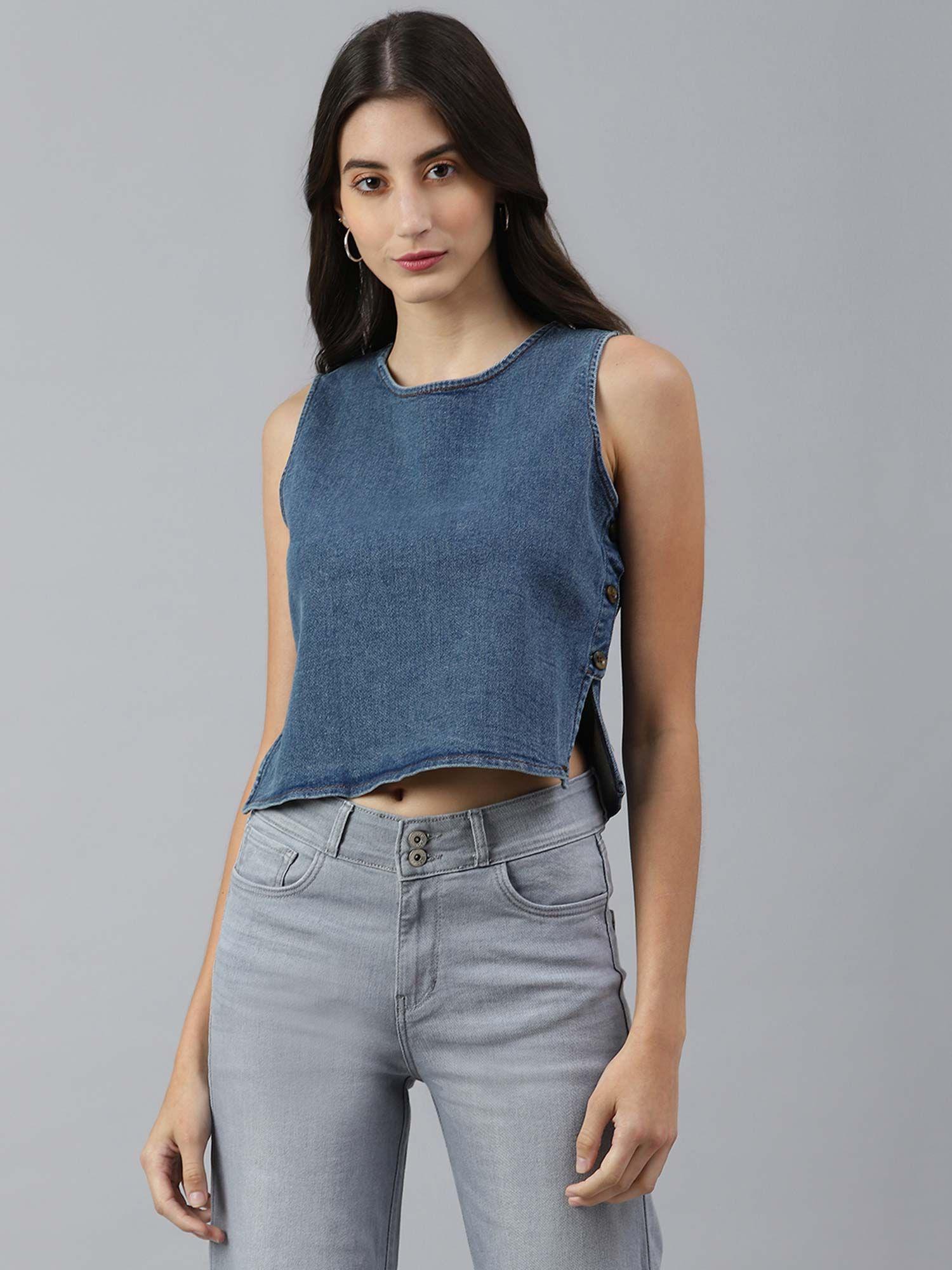 blue solid pure cotton denim styled crop top