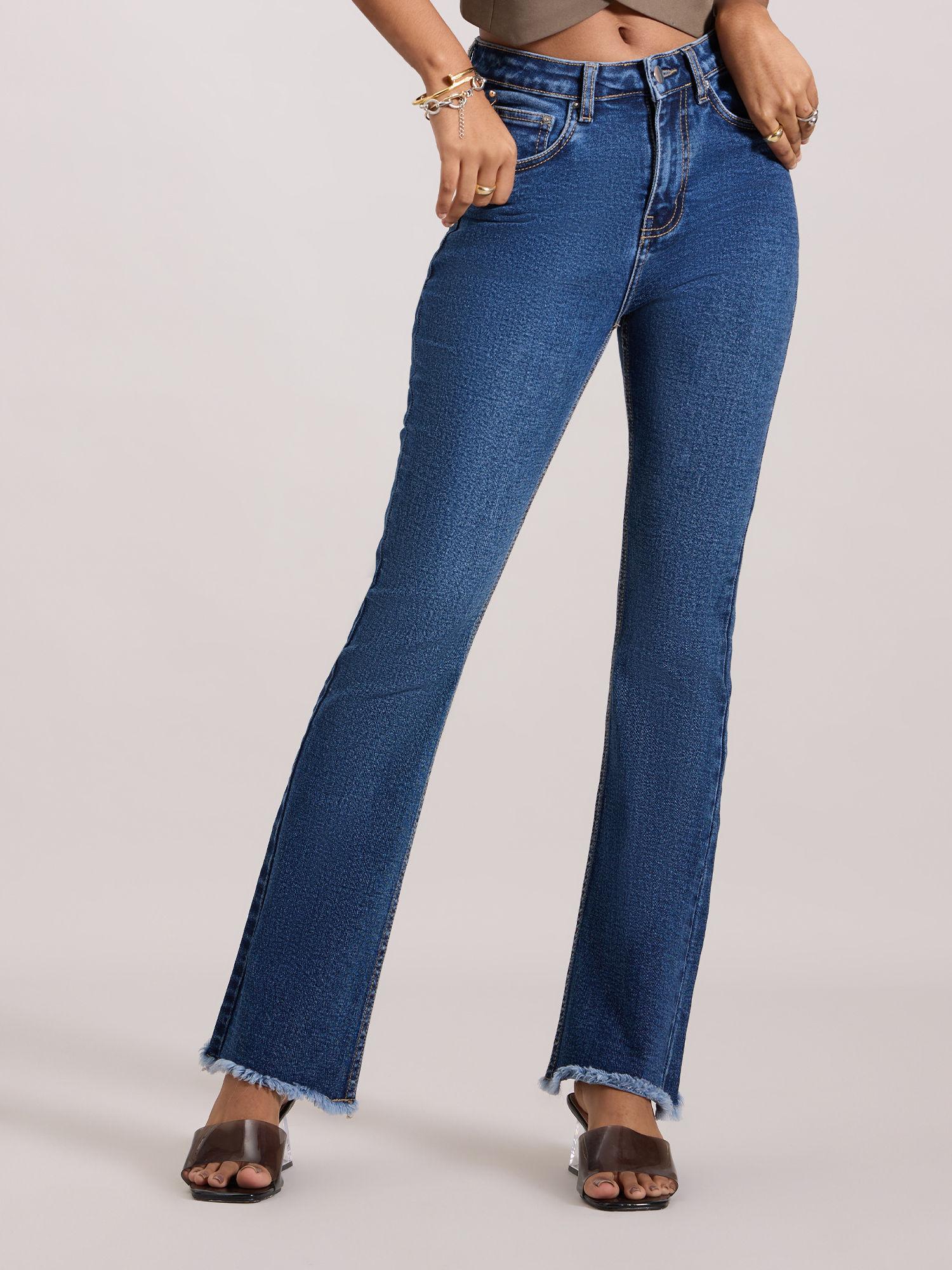 blue solid raw hem mid waist flared denim pant