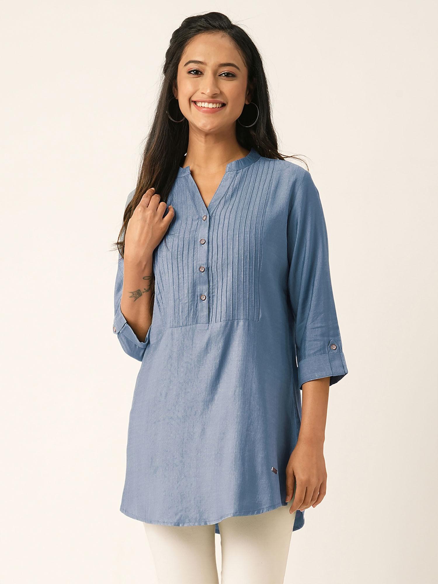 blue solid rayon stitched short kurti for women