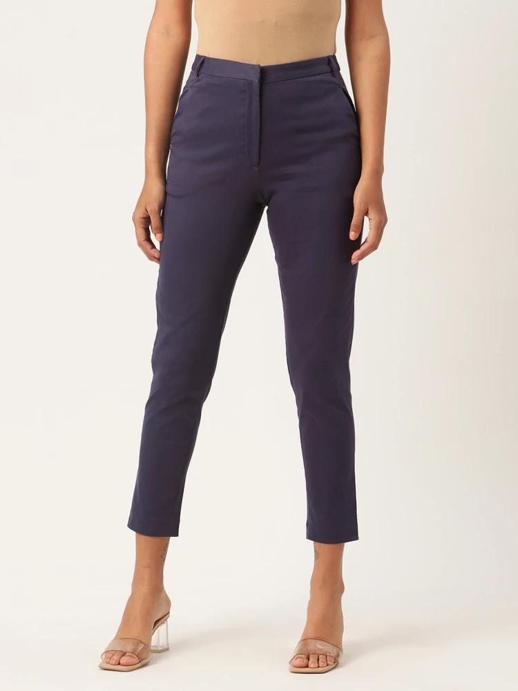 blue solid regular fit trouser