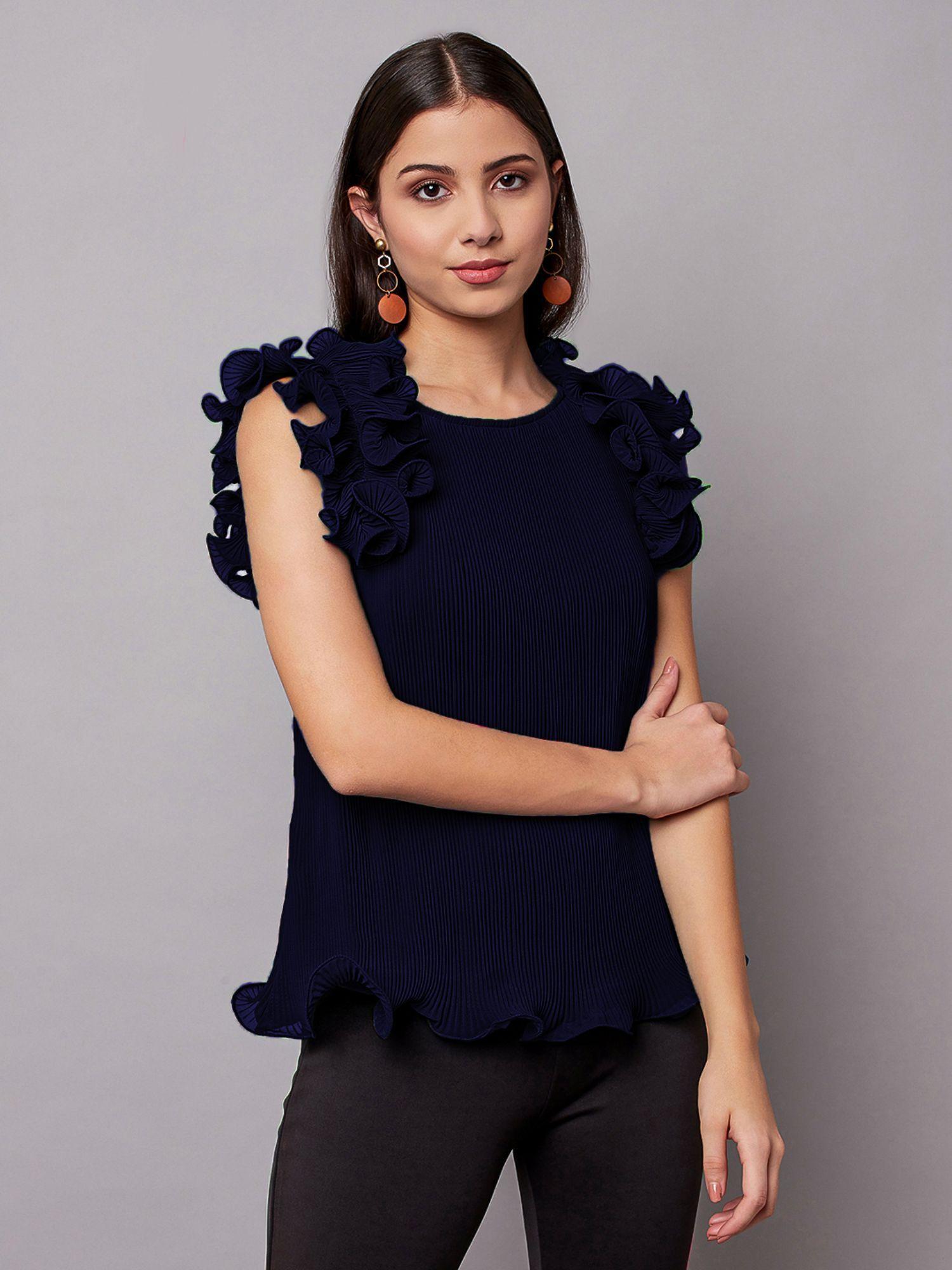 blue solid resort vacay top with dramatic hem ruffle