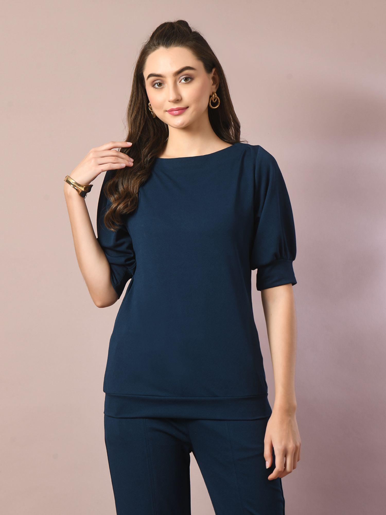 blue solid round neck party top