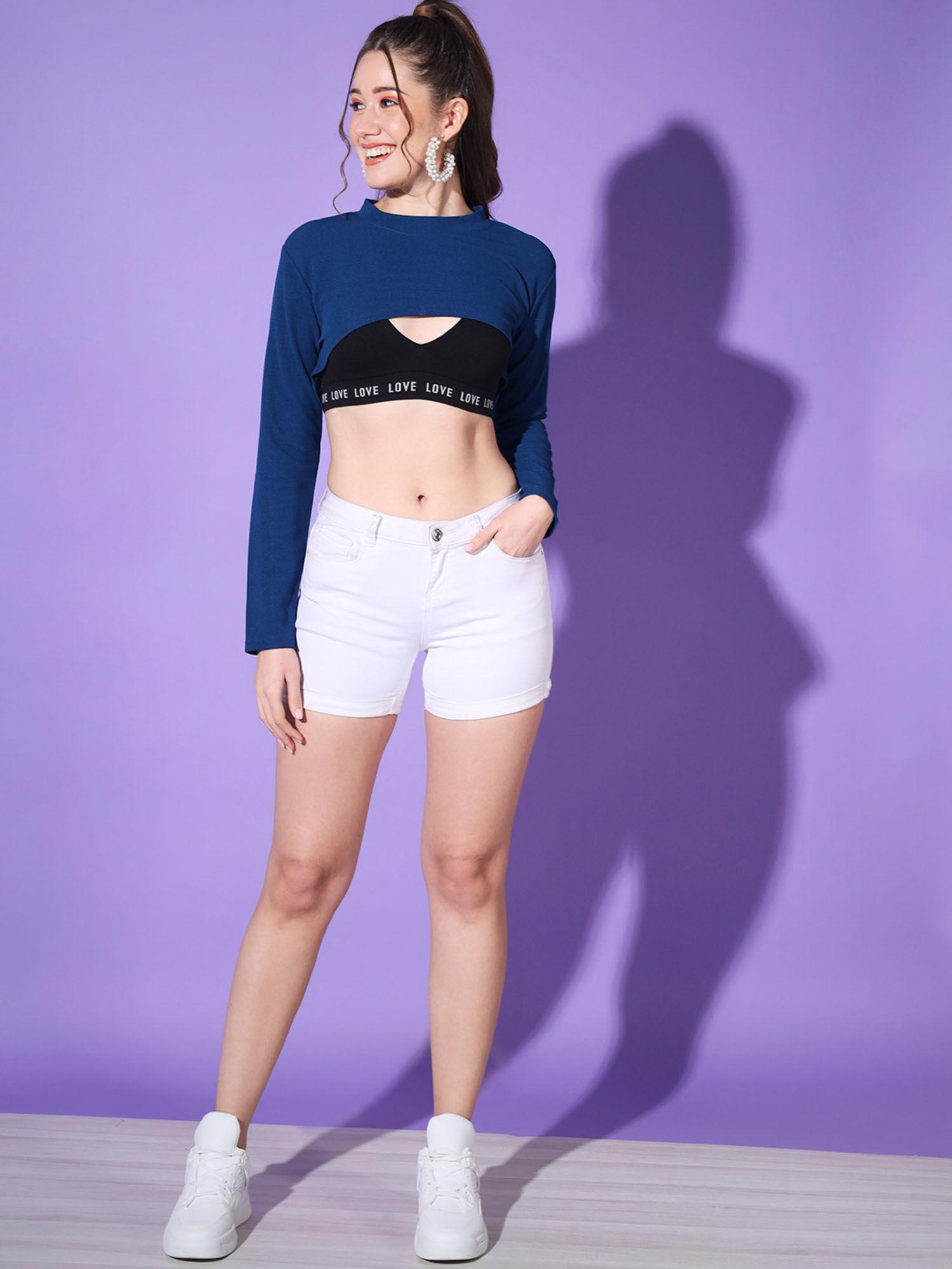 blue solid round neck stylish women bust crop top