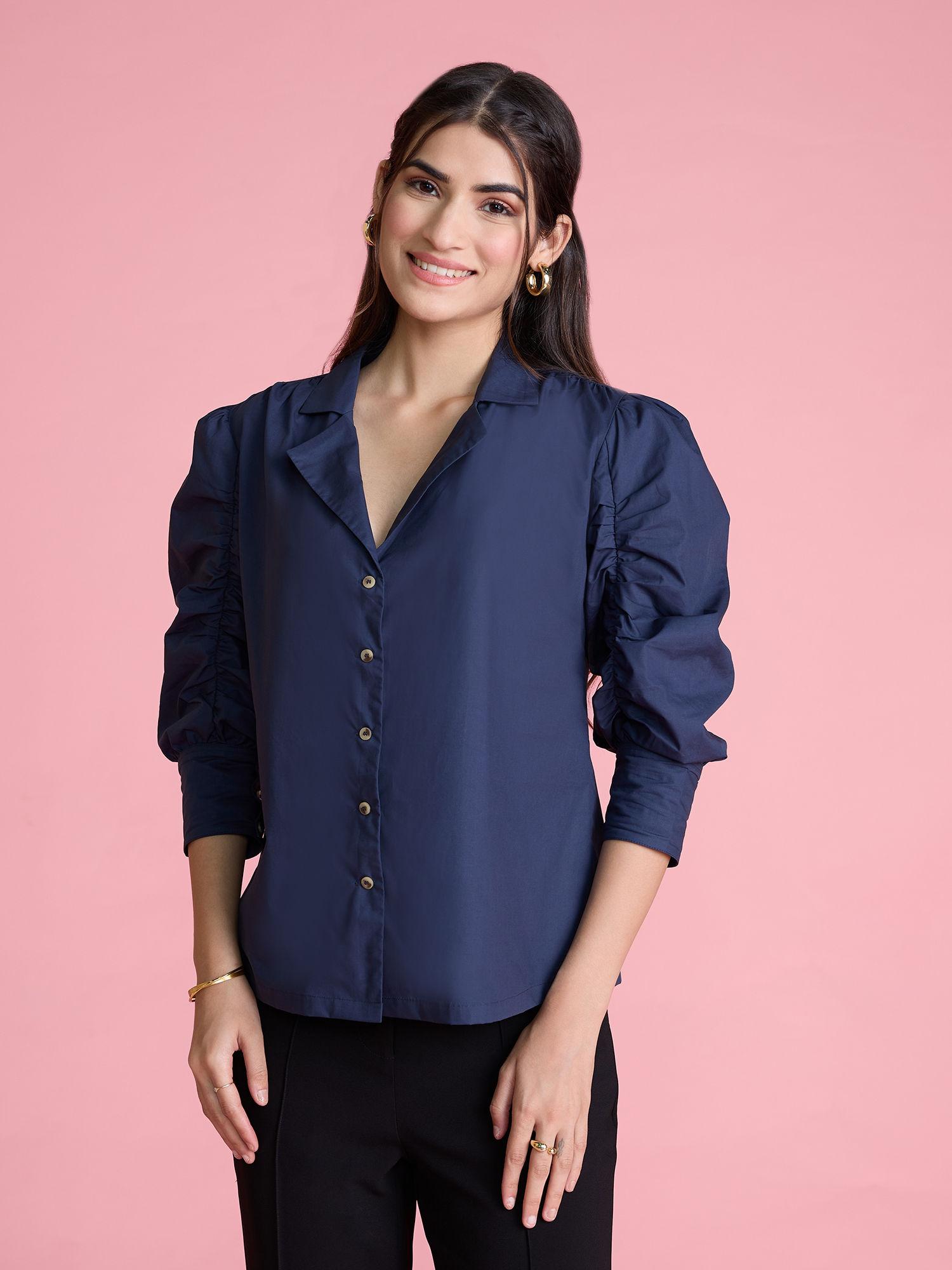 blue solid ruched puffed sleeve shirt