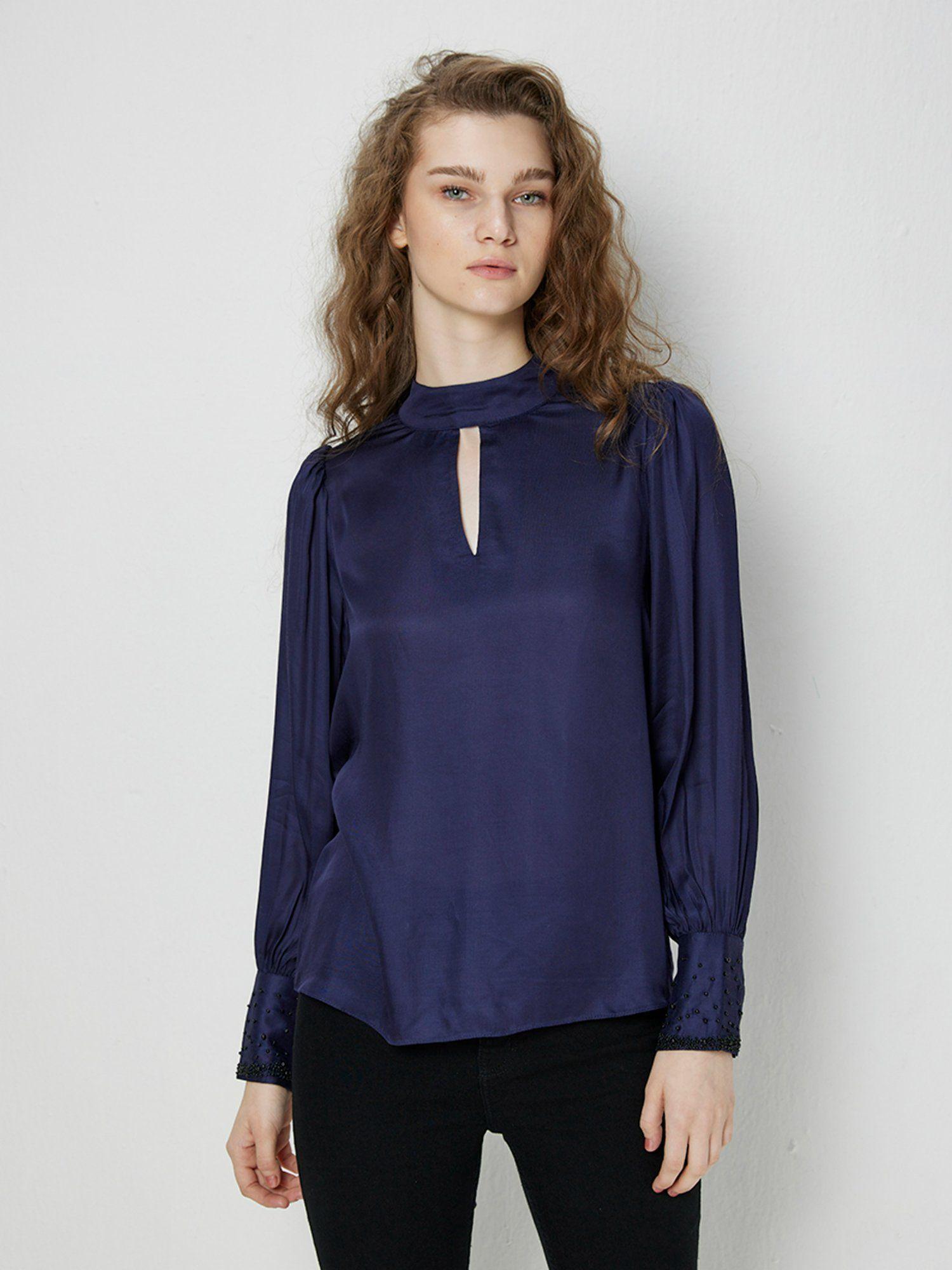 blue solid satin shirt