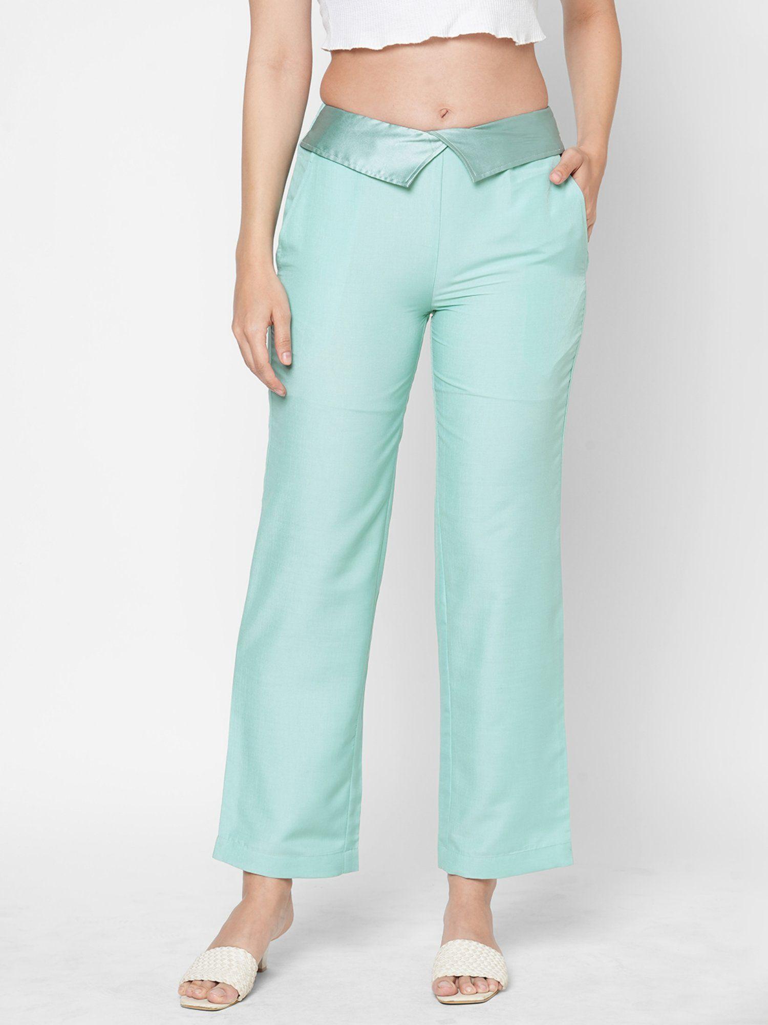 blue solid satin waist style straight fit trouser