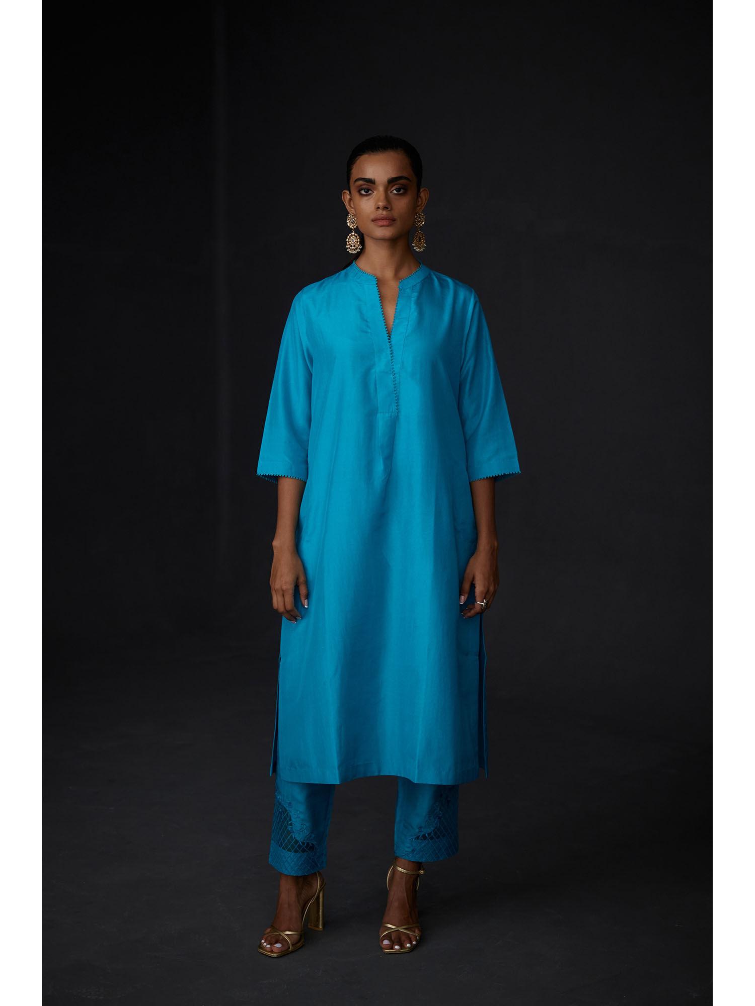 blue solid silk kurta with embroidered pant (set of 2)