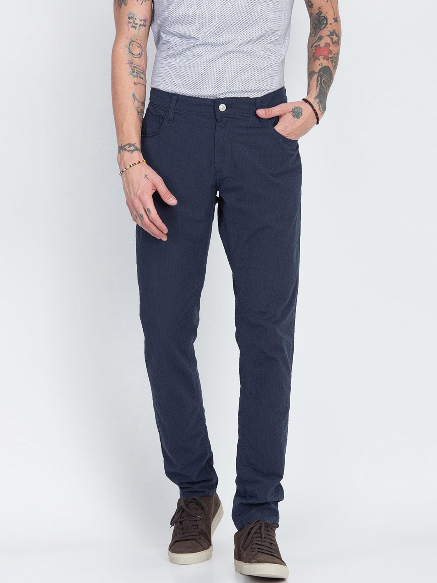 blue solid skinny fit causal trouser
