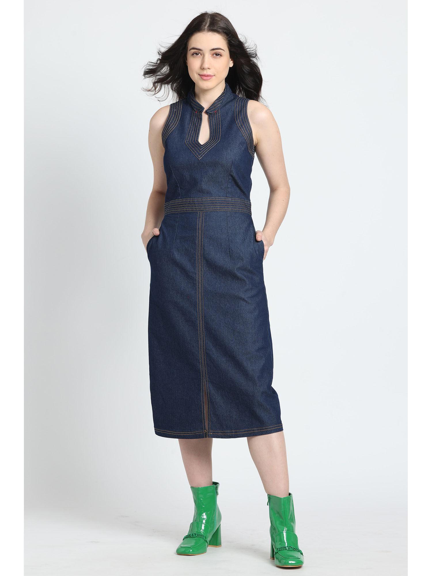 blue solid sleeveless casual dress for women