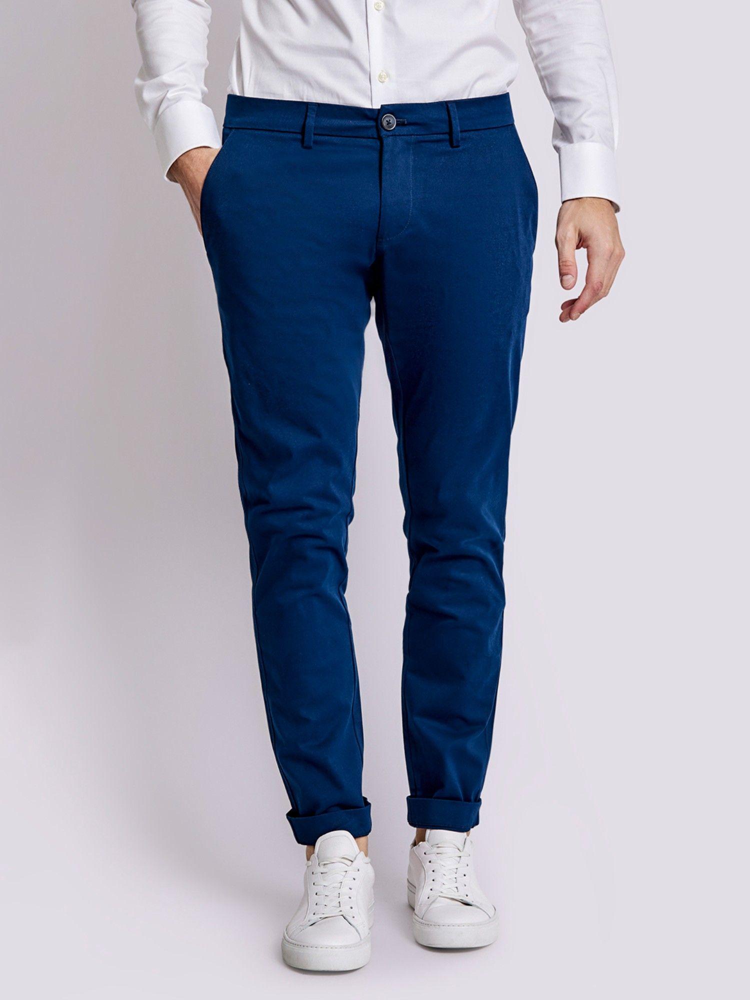 blue solid slim fit trouser