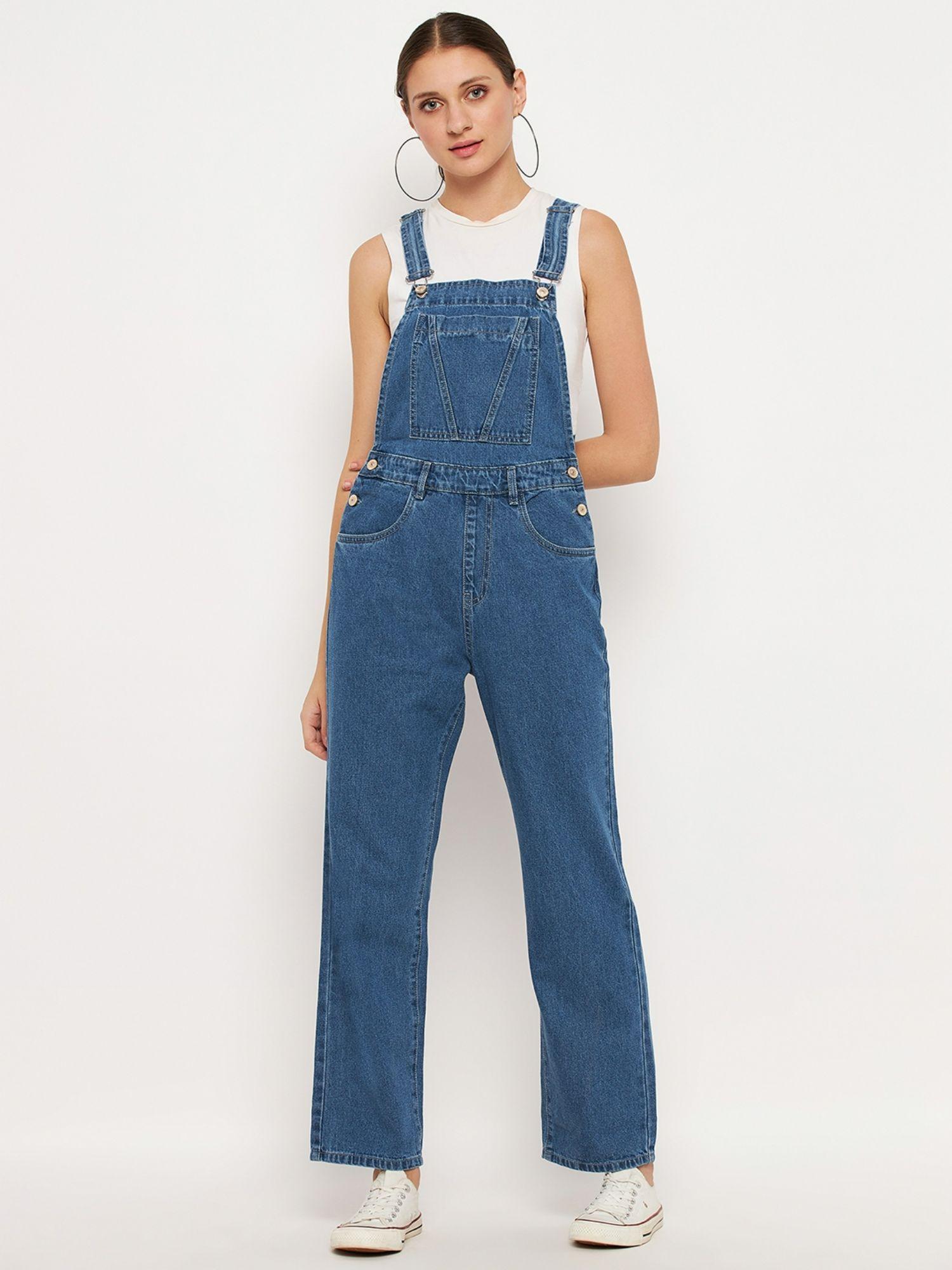 blue solid square neck dungarees